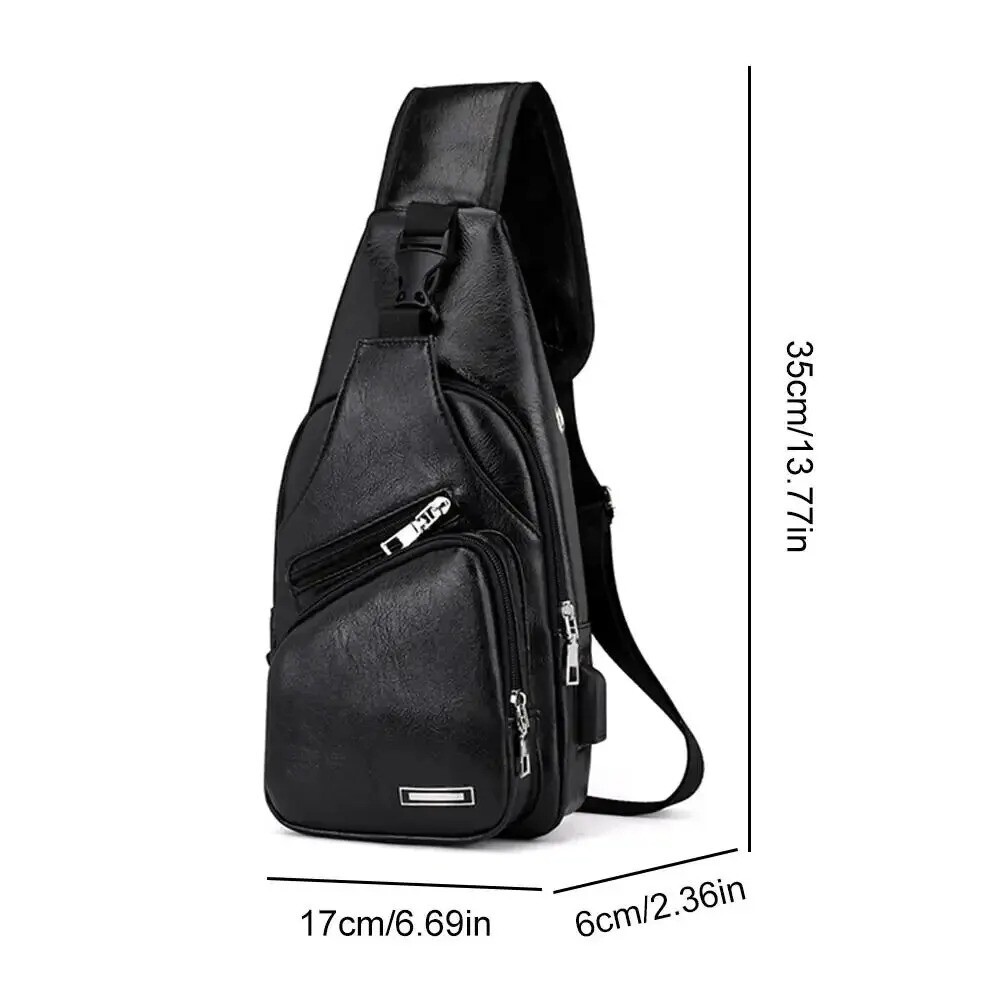 Men’s Casual Chest Bag PU Leather USB Charging Crossbody Travel Shoulder Bag