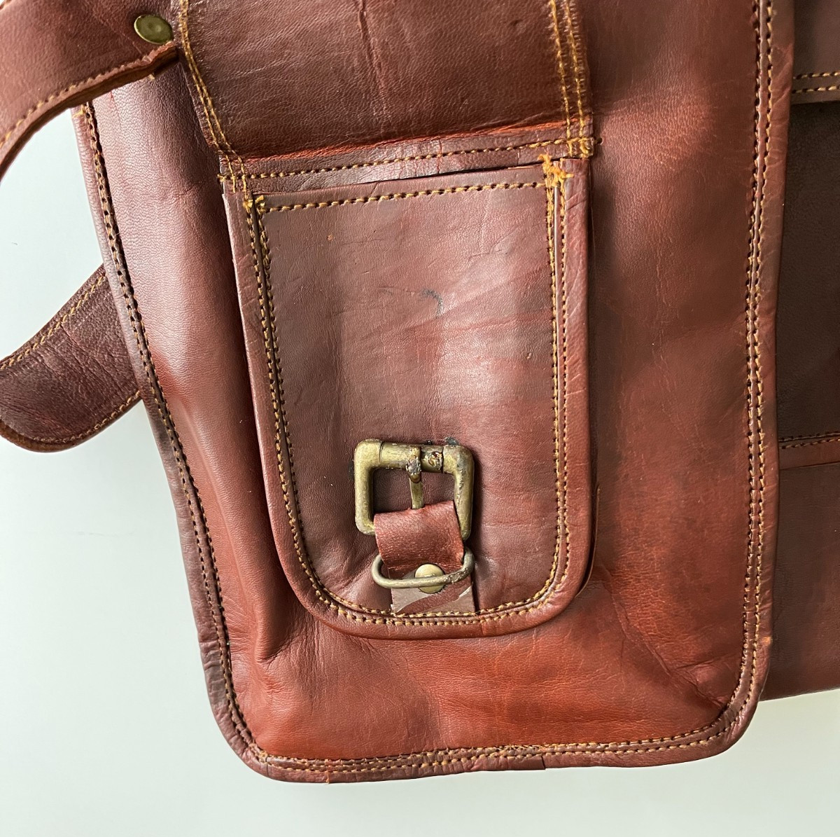 Large Brown Leather Messenger Bag with Buckled Pockets & Zip Top, Made in India