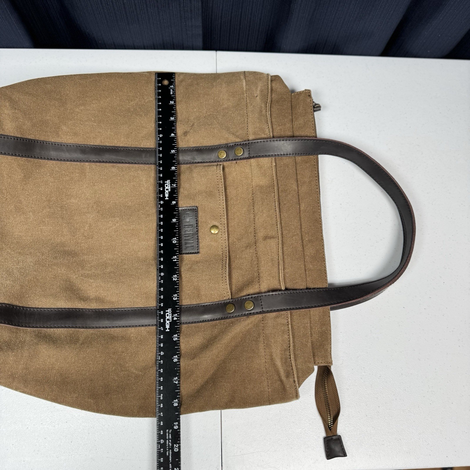 Beryll Brand Army Khaki Green Canvas Tote Bag Leather Straps 15.5″