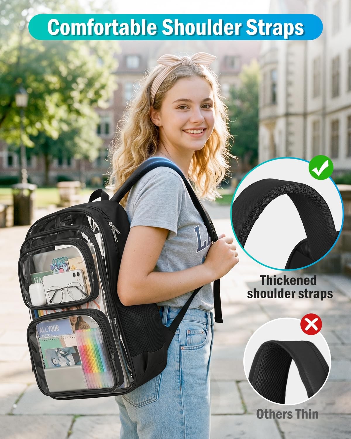 Clear Backpack, Fabric & PVC Clear Bookbag Heavy Duty Transparent Bag Large C…