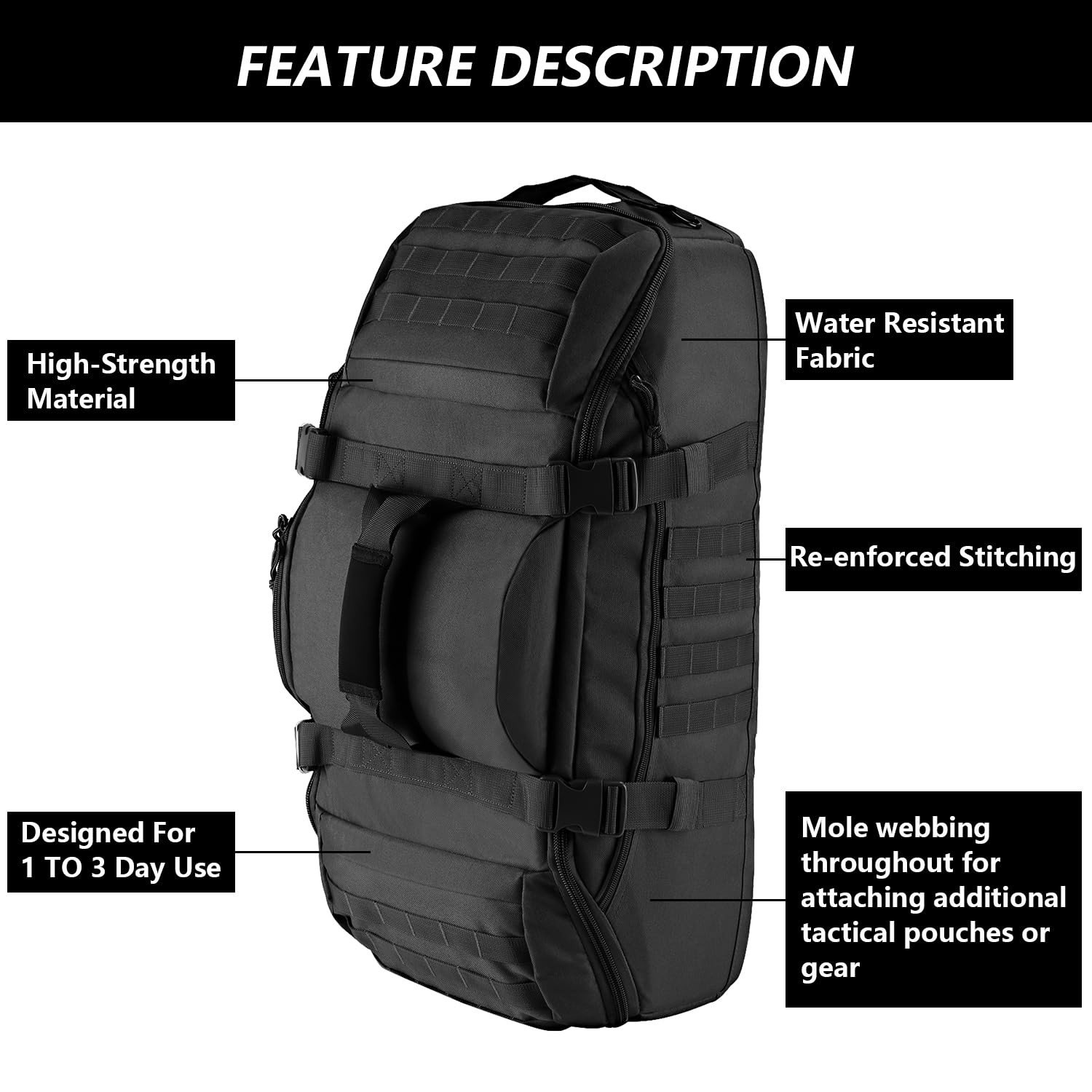 65L Large Duffle Bag, 3-in-1 Tactical Backpack MOLLE Pack for Sports, Gym, Ou…