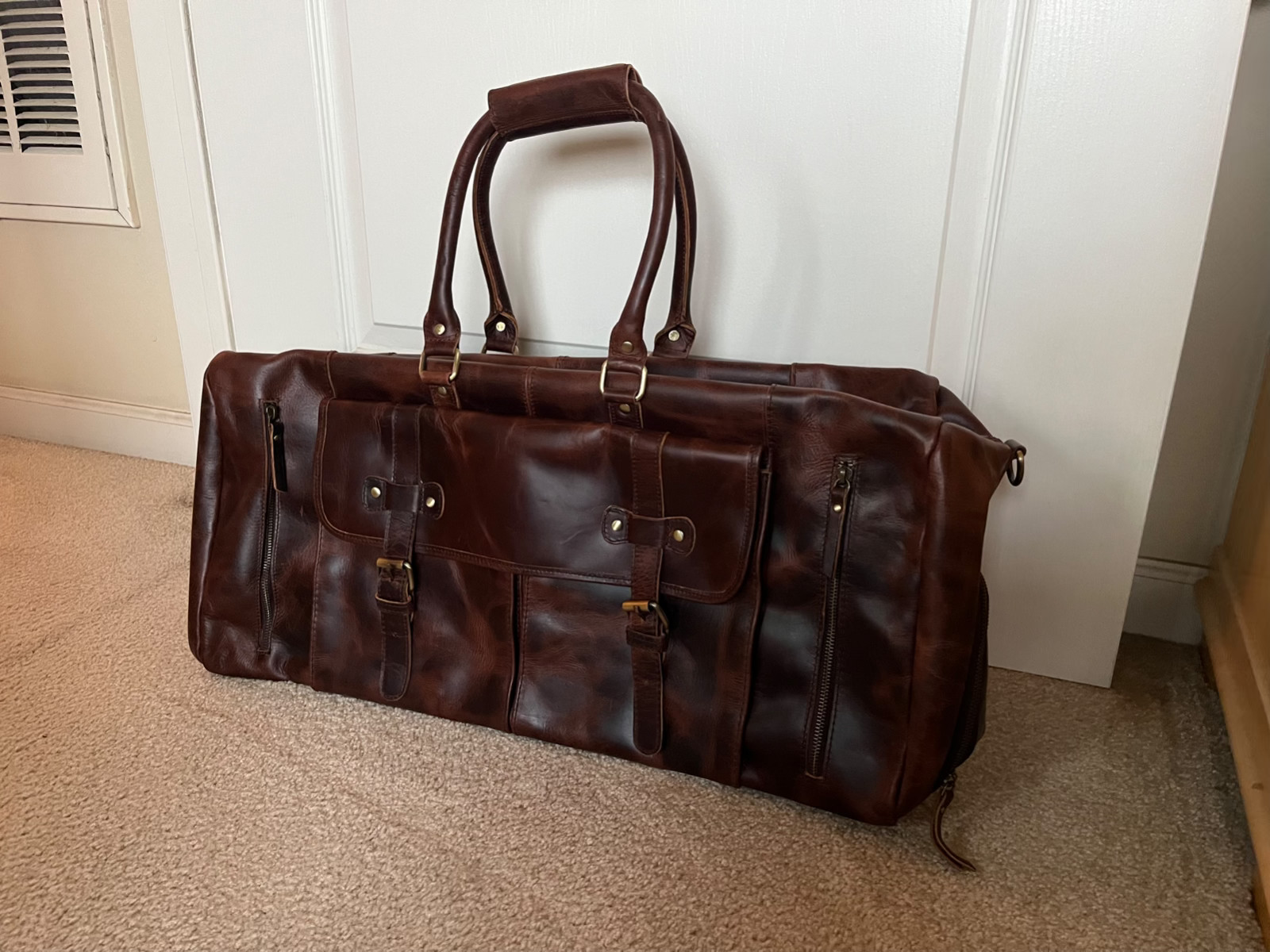 Genuine Leather Duffel Bag 24 inch Travel Bag Carry On Dark Brown RUZIOON
