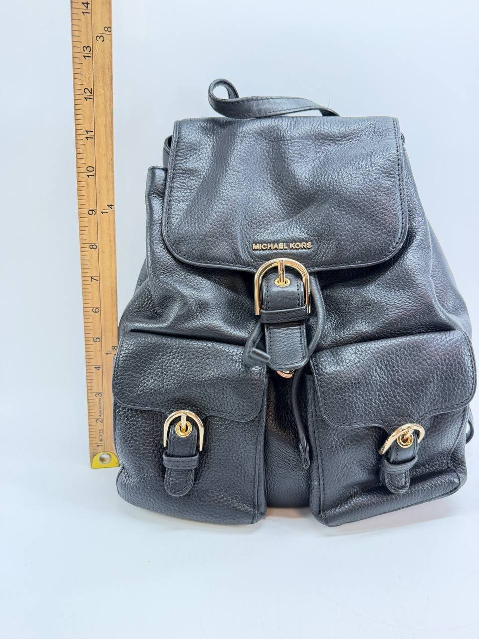 Michael Kors Black Pebbled Leather Backpack Drawstring Flap Pocket Bag Women