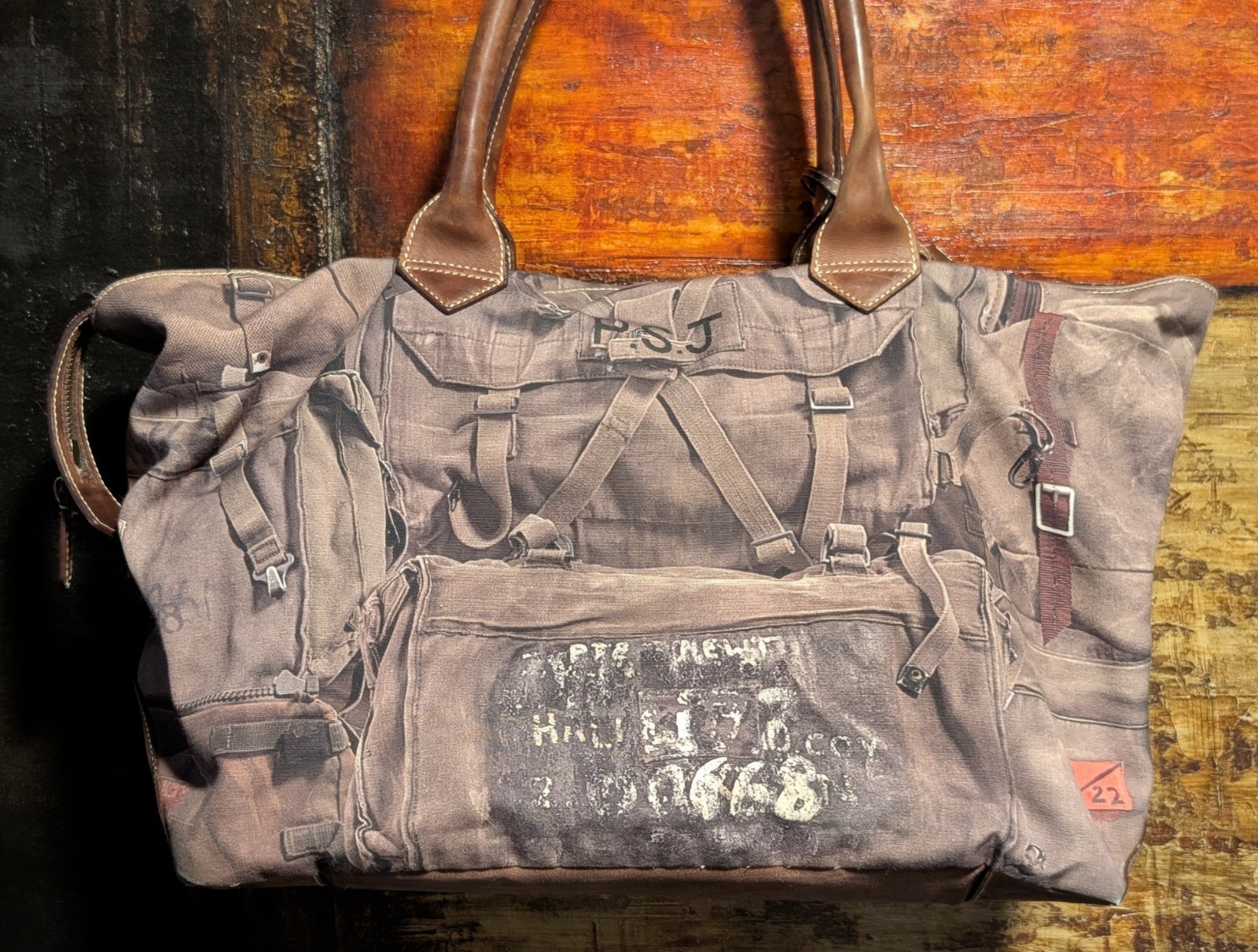 Paul Smith Holdall Duffle Weekender Canvas & Leather Military Print – 18x14x10″