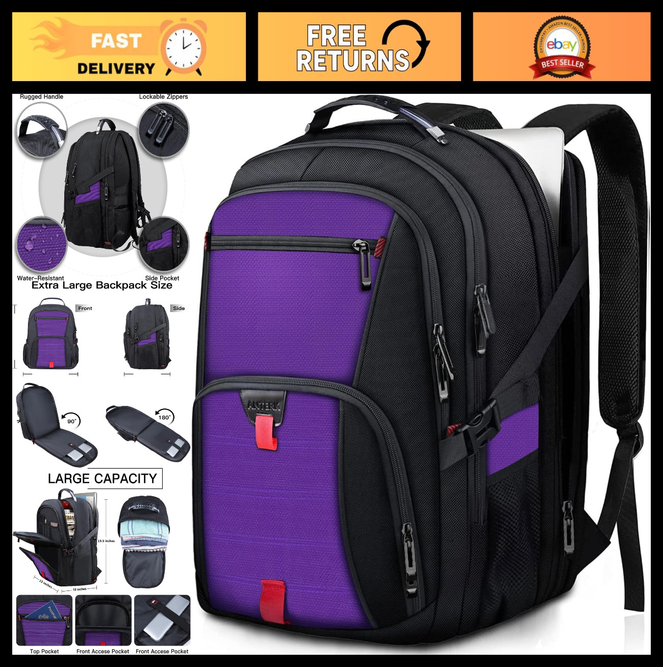 Large 55L Travel Backpack for 18.4″ Laptop, Anti-Theft, Water Resistant, TSA App
