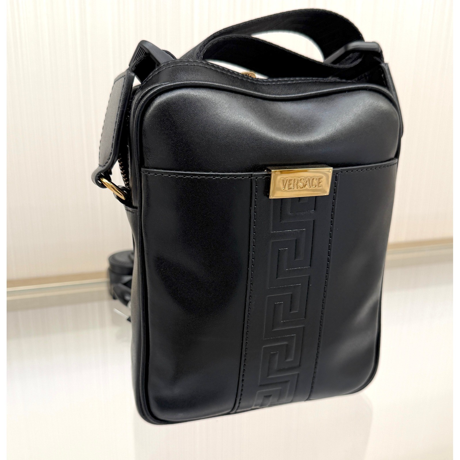 Versace 1020736 Black Leather Greca Crossbody Messenger Bag Gold Logo