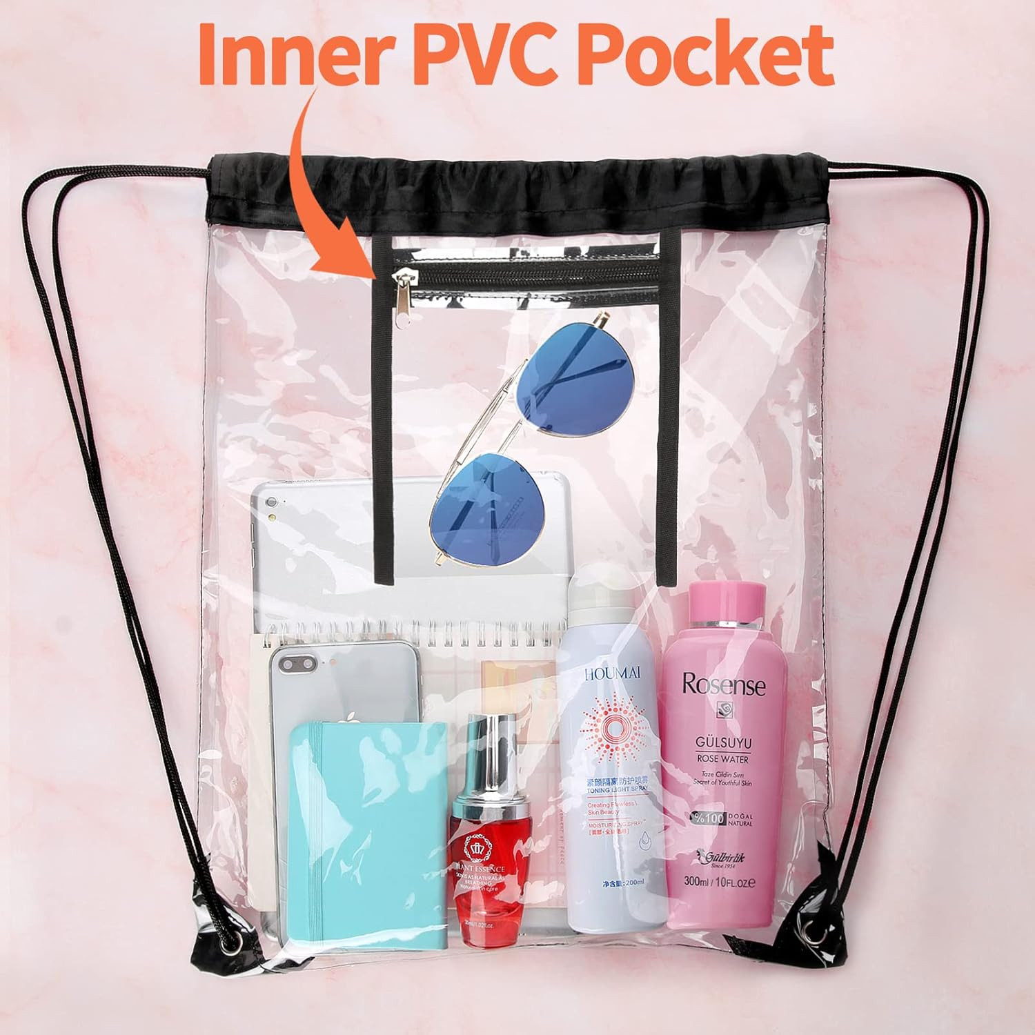 NATURAL STYLE 2 PACK Clear Drawstring Bag Stadium Approved, See through PVC Draw