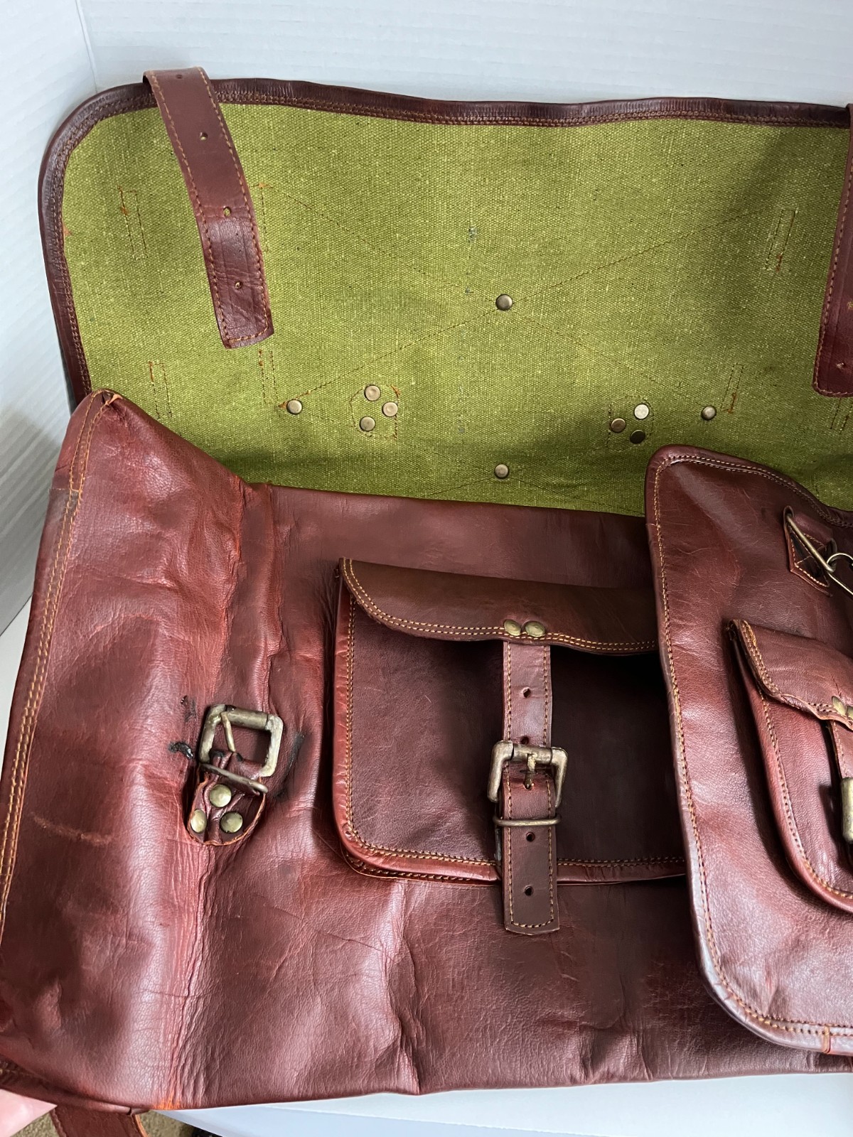 Large Brown Leather Messenger Bag with Buckled Pockets & Zip Top, Made in India