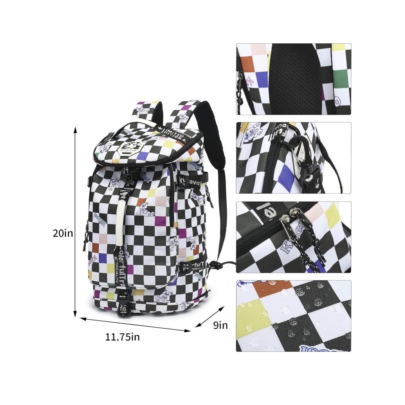 Kalesi Convertible Backpack Duffel Large Multicolor Checkered Teddy Bear 20in