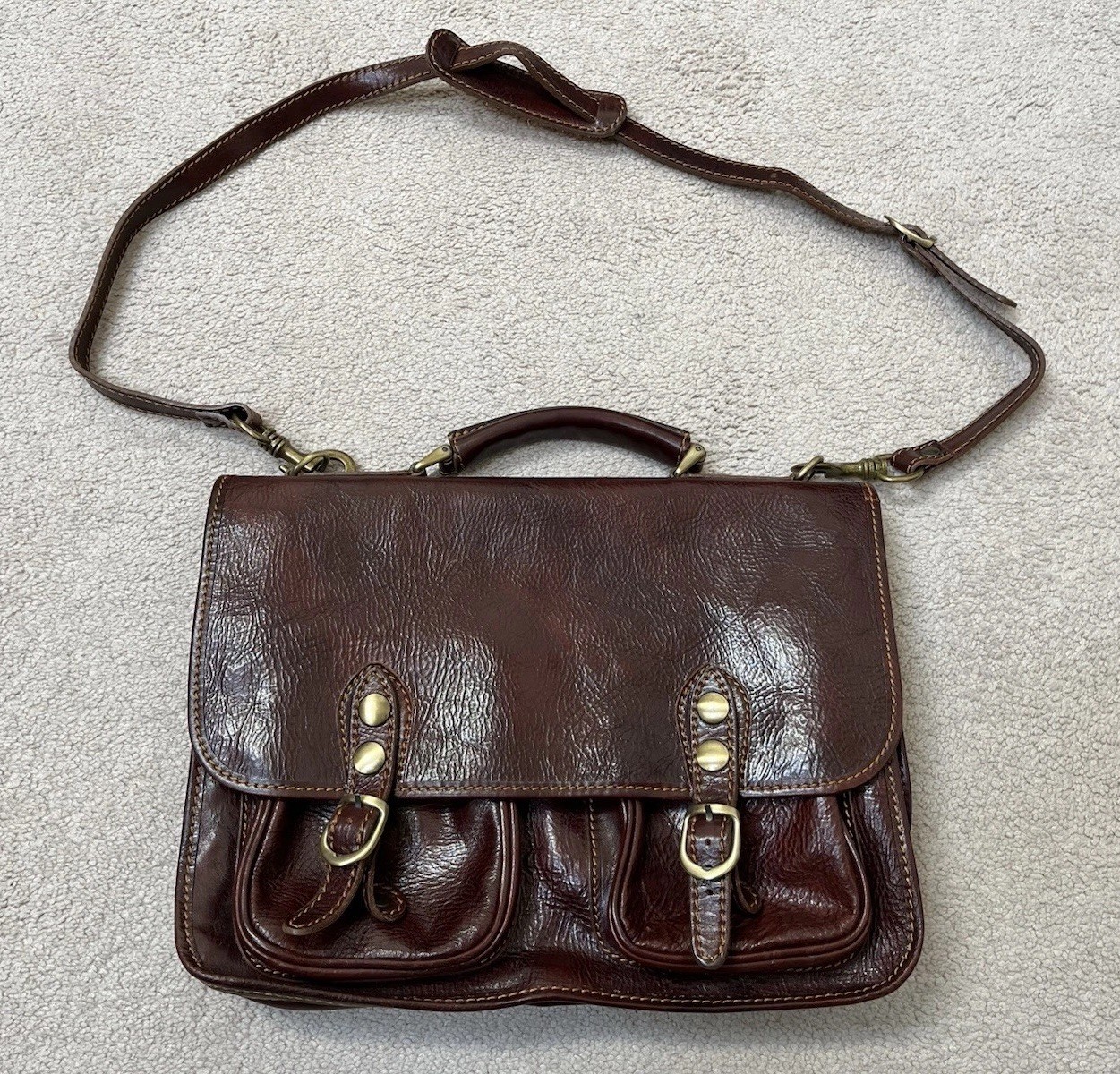 Italian Leather Messenger Computer Commuter Briefcase Bag Brown Strap Snap
