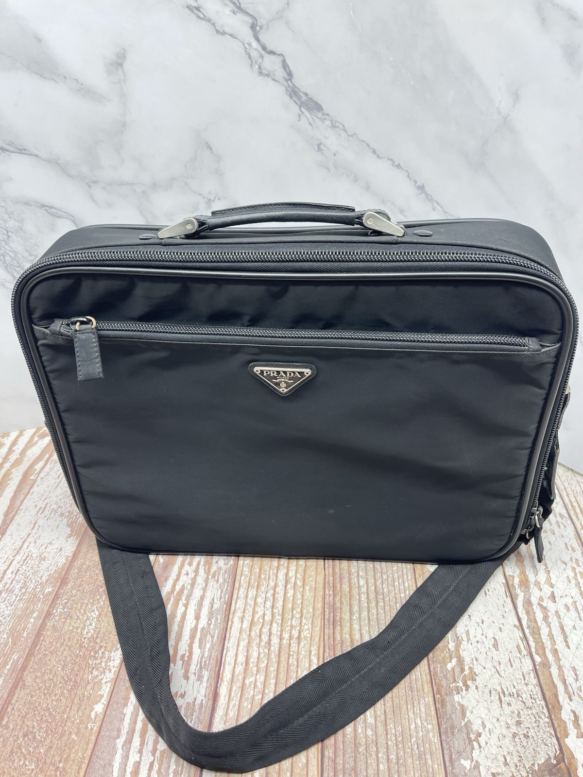 Authentic Prada Black Tessuto Nylon Briefcase Laptop Bag w/ Strap USA Seller
