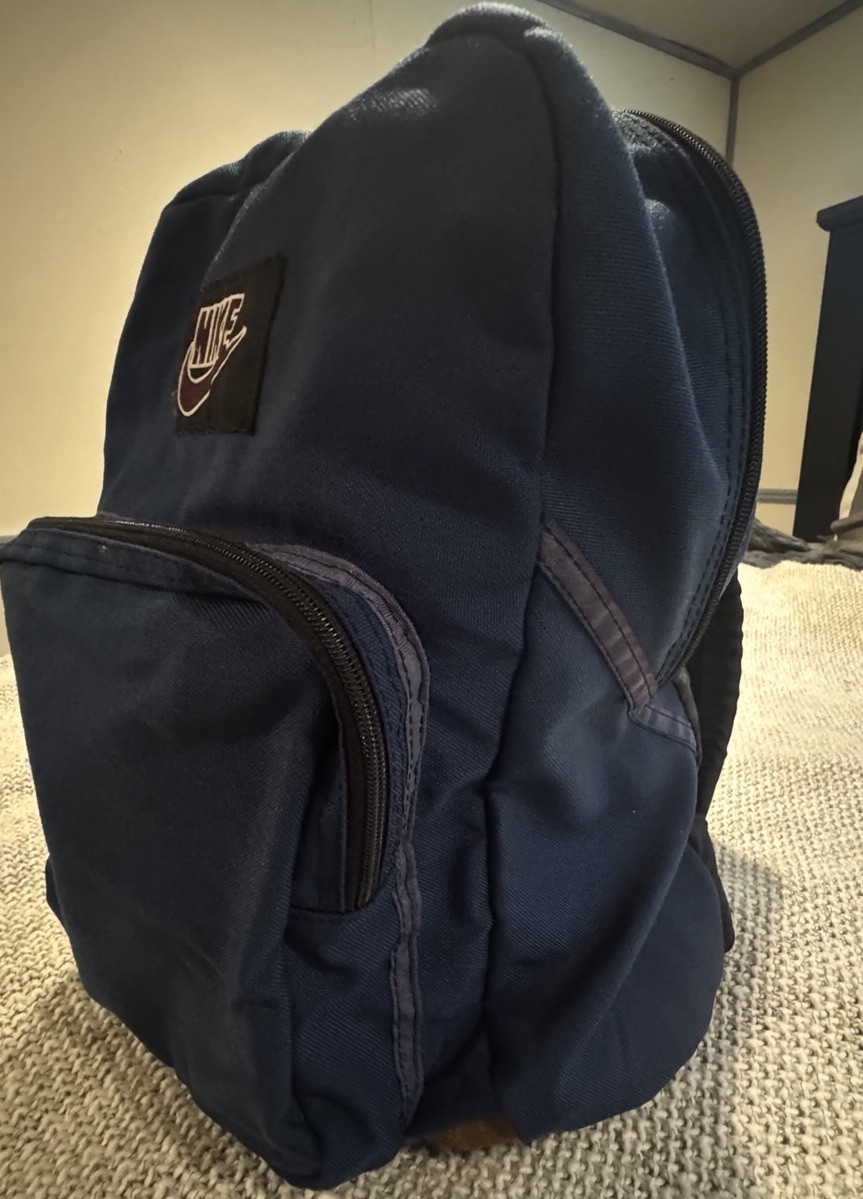 Vintage 1990s NIKE Navy Blue Backpack Swoosh Logo Nylon Suede Leather Bottom