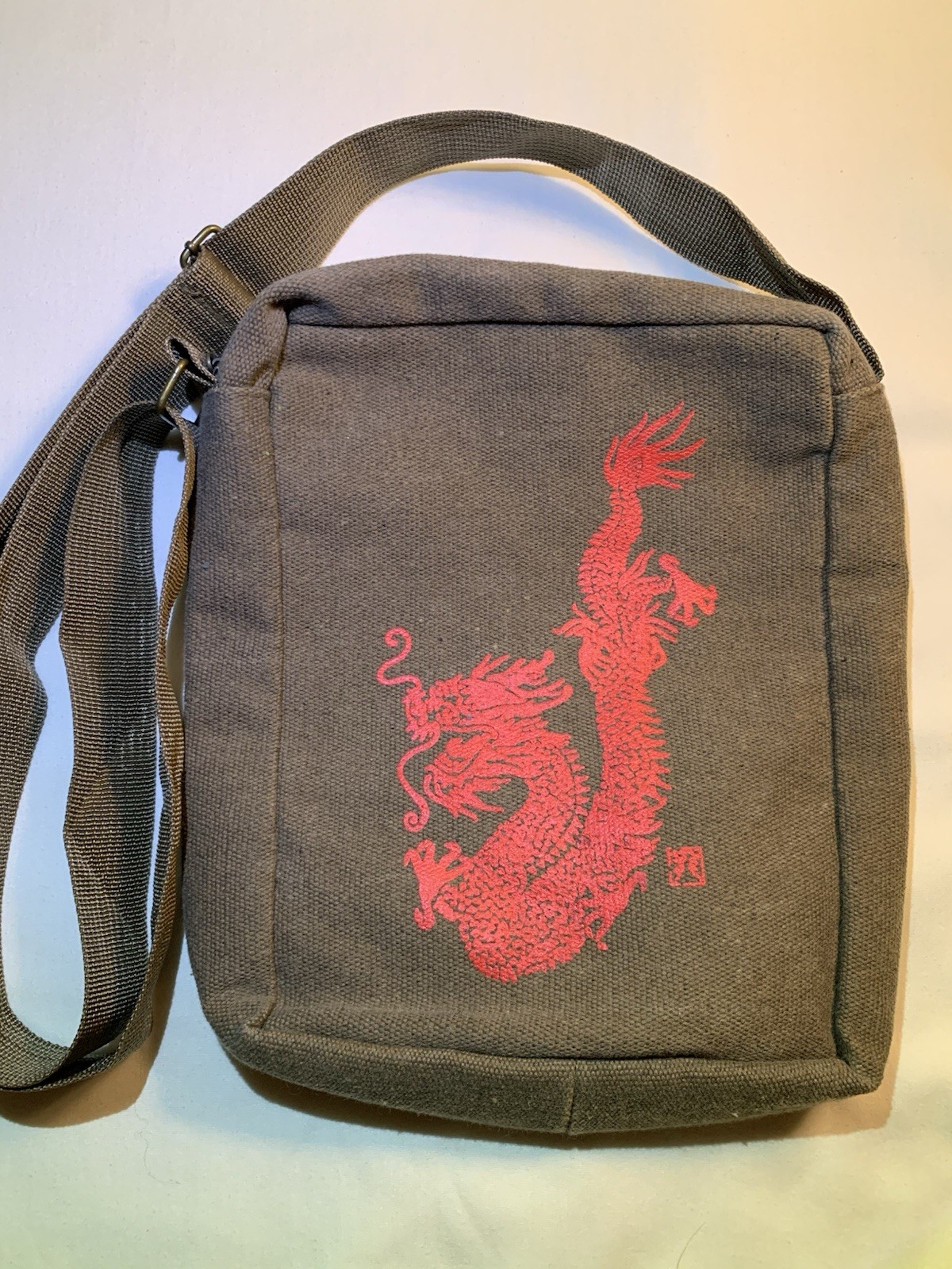 Small Canvas Crossbody Bag Olive with Red Dragon Adjustable Shoulder Strap