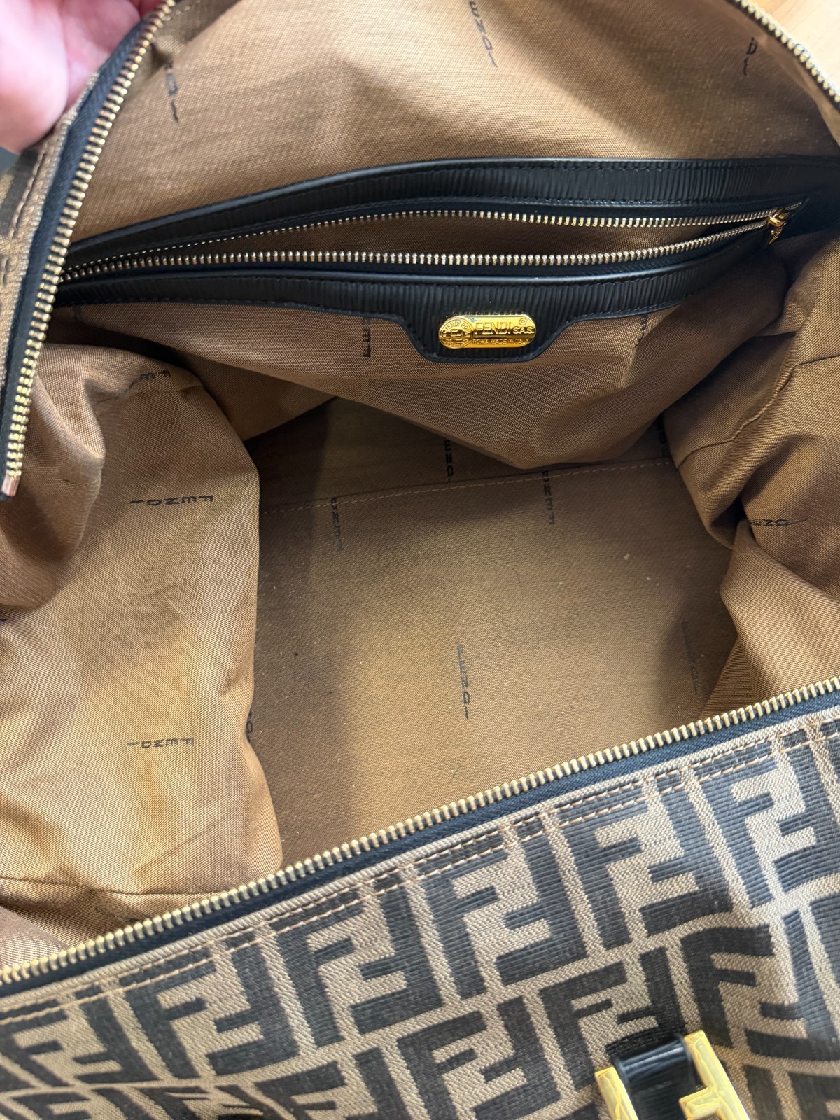 FENDI Large Brown Zucca Canvas Duffle Bag Monogram Leather Travel Luggage FF