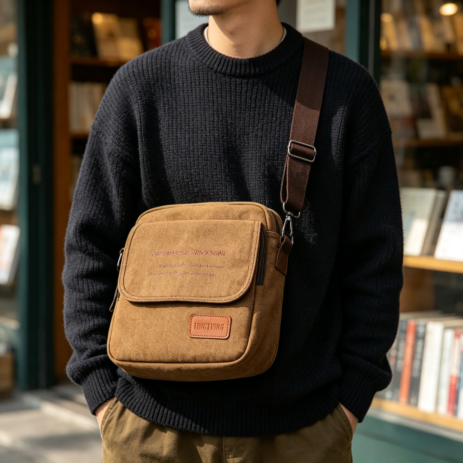 Vintage Canvas Messenger Bag for Men, Multi-Pocket Casual Shoulder Bag