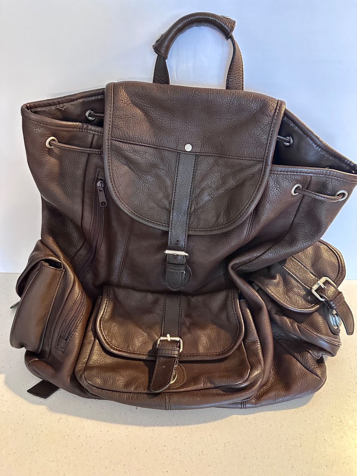 GENUINE LEATHER UNISEX BACKPACK CHOCOLATE BROWN w Multiple Pockets & Drawstring
