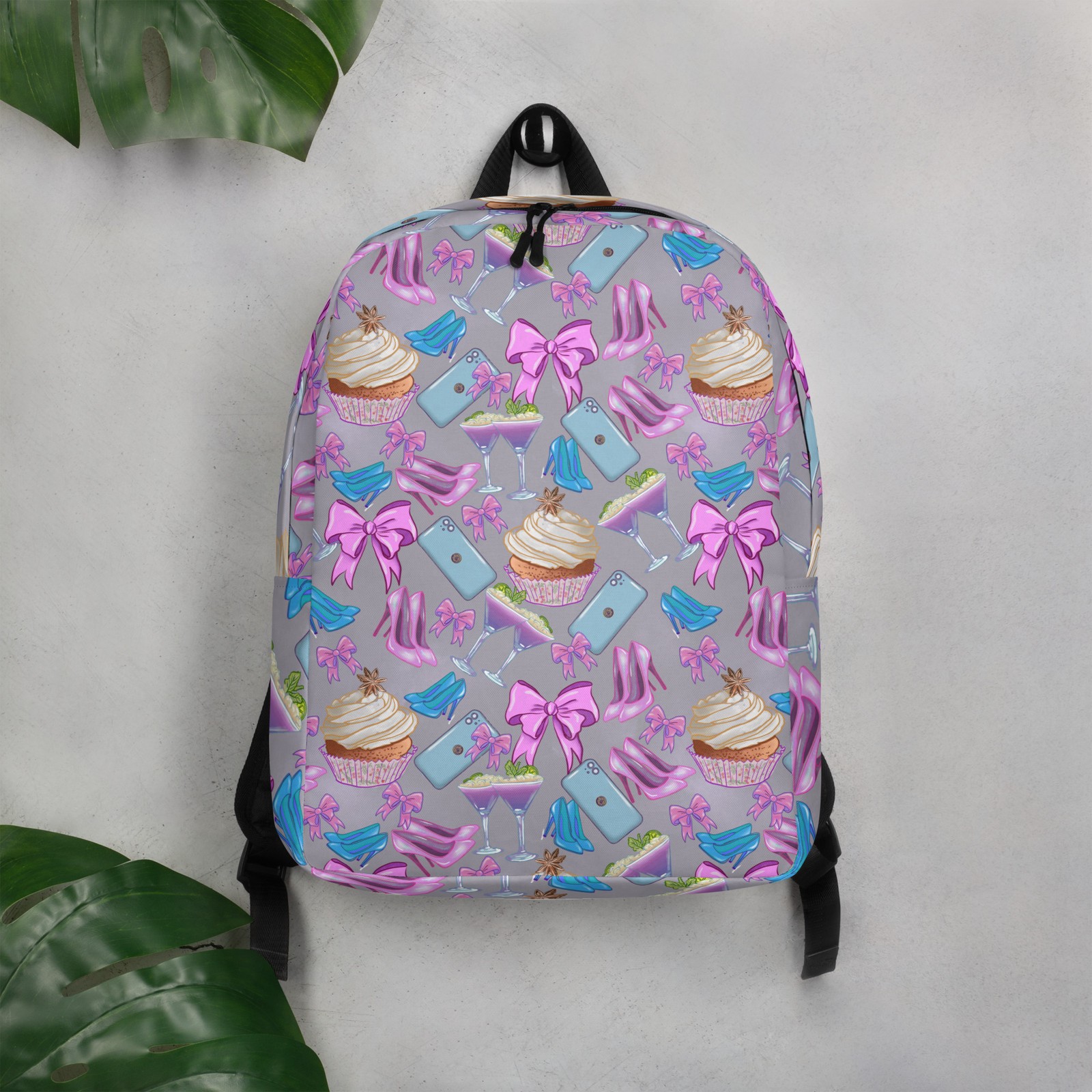 Girly Bow and Muffin grey Minimalist Backpack