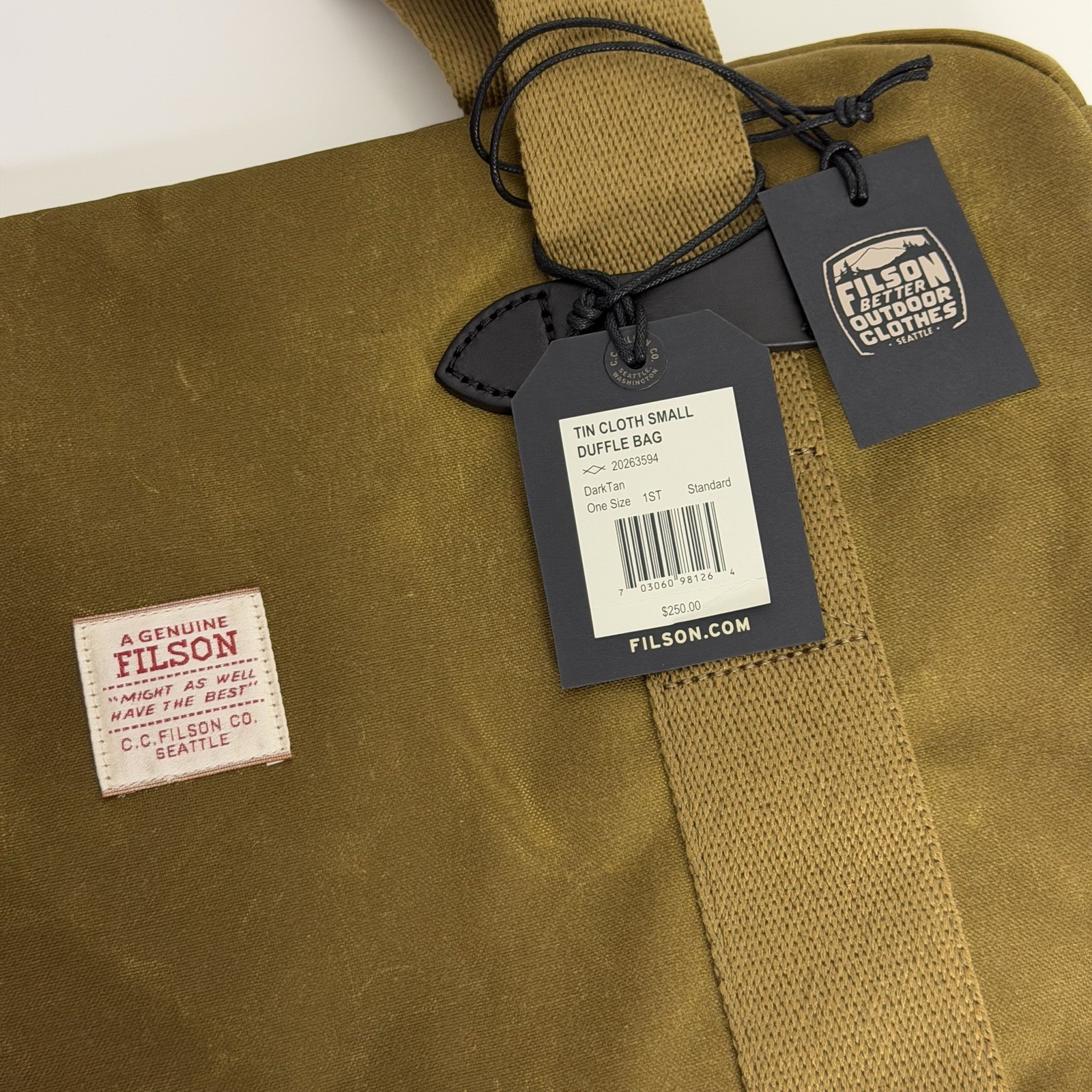 Filson Tin Cloth Small Duffle Bag Dark Tan New Gym Clothes Canvas Leather Handle