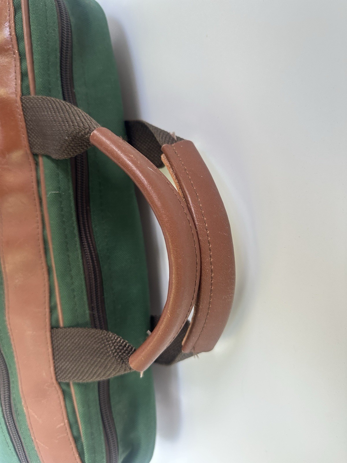 LL Bean Vintage Canvas/Leather Briefcase Laptop Bag Green Embroidered , No Strap