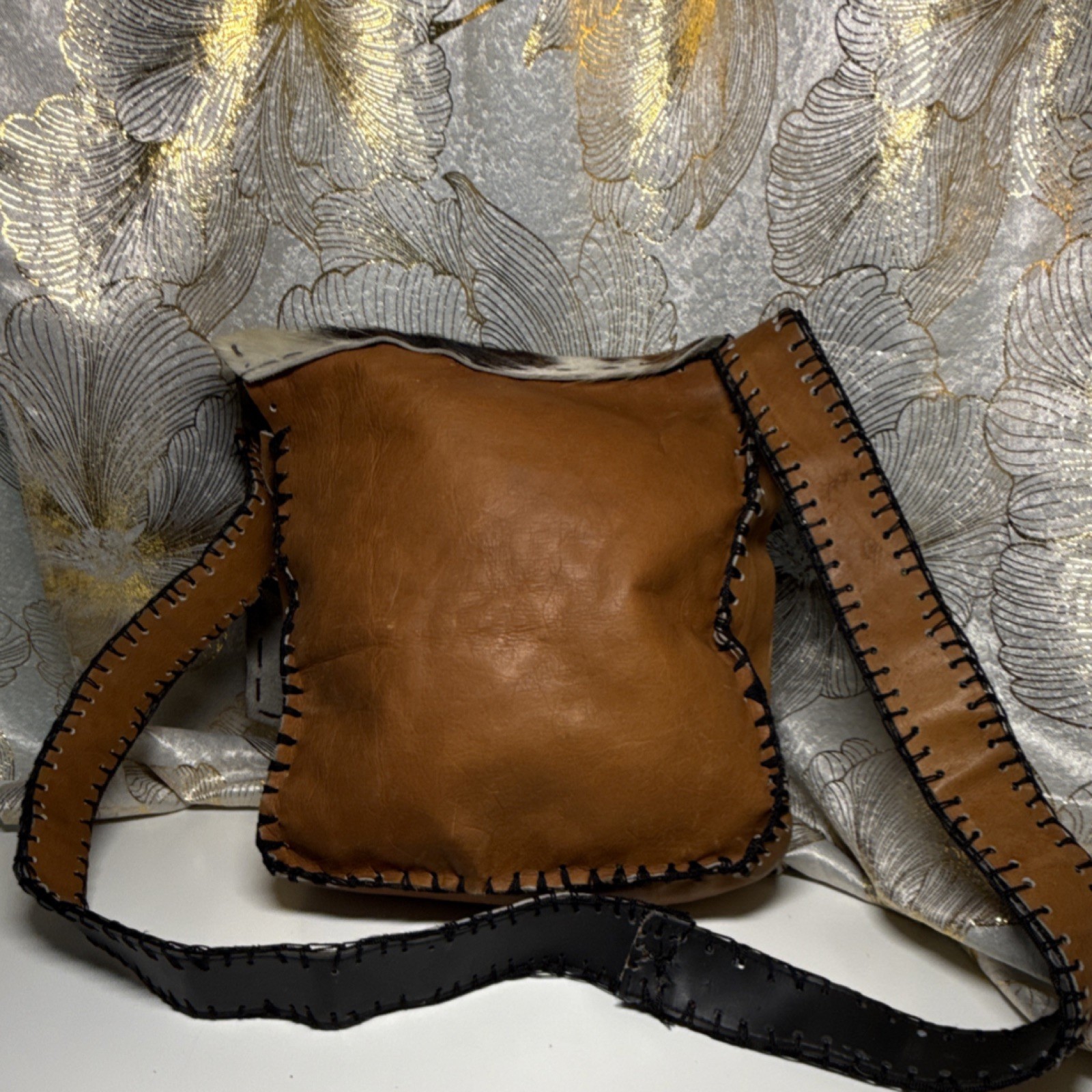 Handmade Cowhide Messenger Bag Shoulder Strap Hand-Stitched Western Animal Print