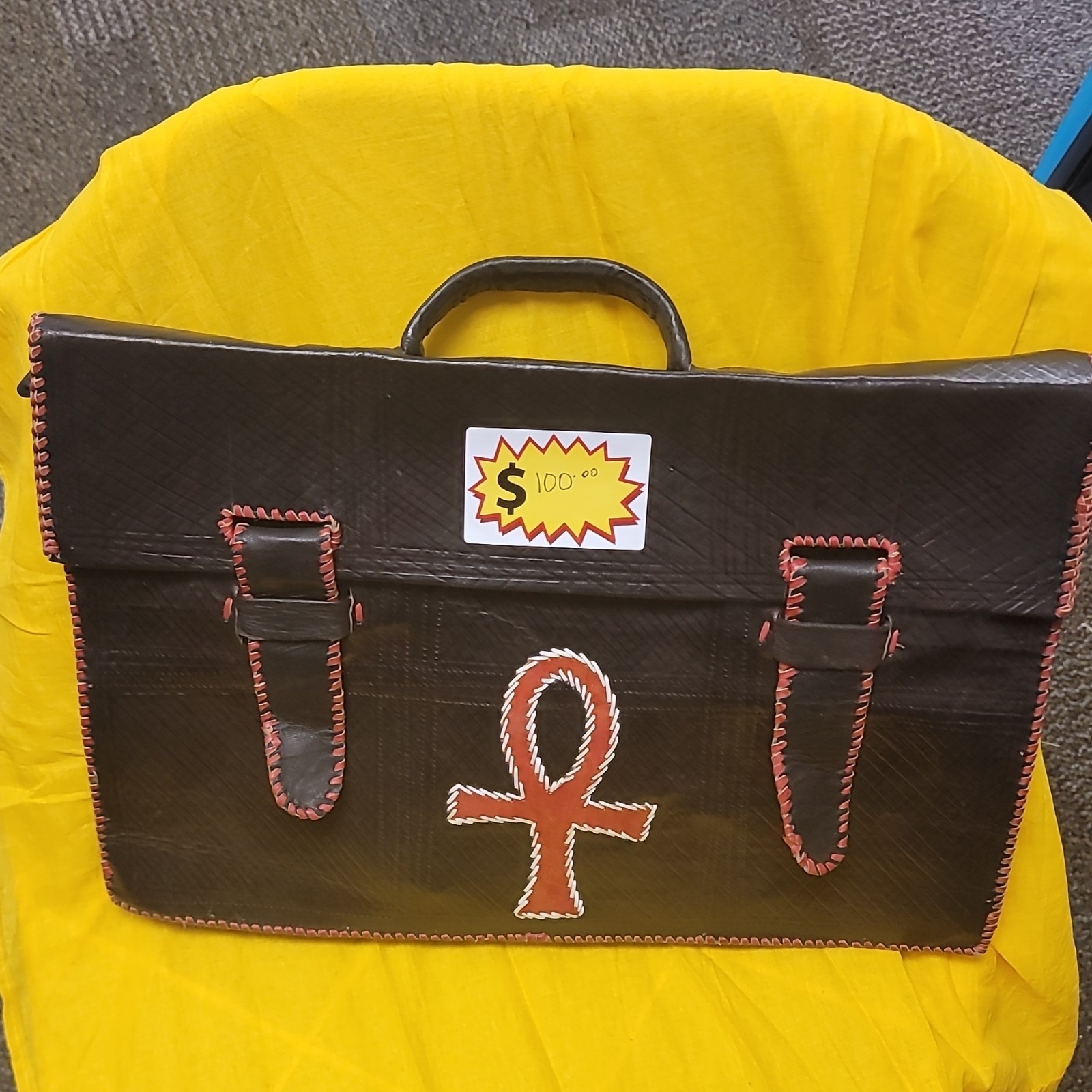Handmade Black Red Men’s Briefcase Buckle Closure Top Handle Egyptian Ankh