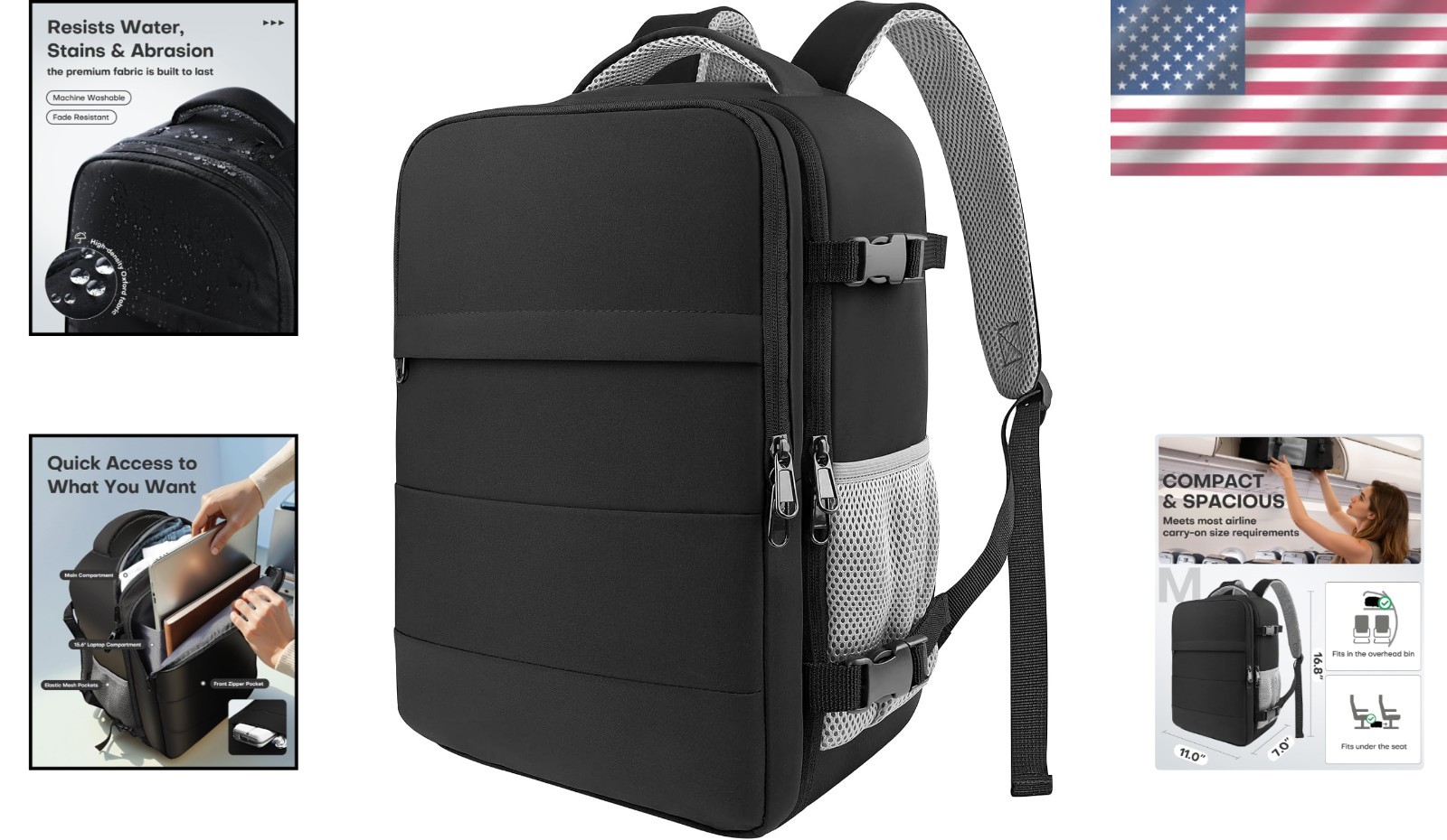 Water-Resistant Medium Black Travel Backpack | 6 Pockets & Adjustable Straps