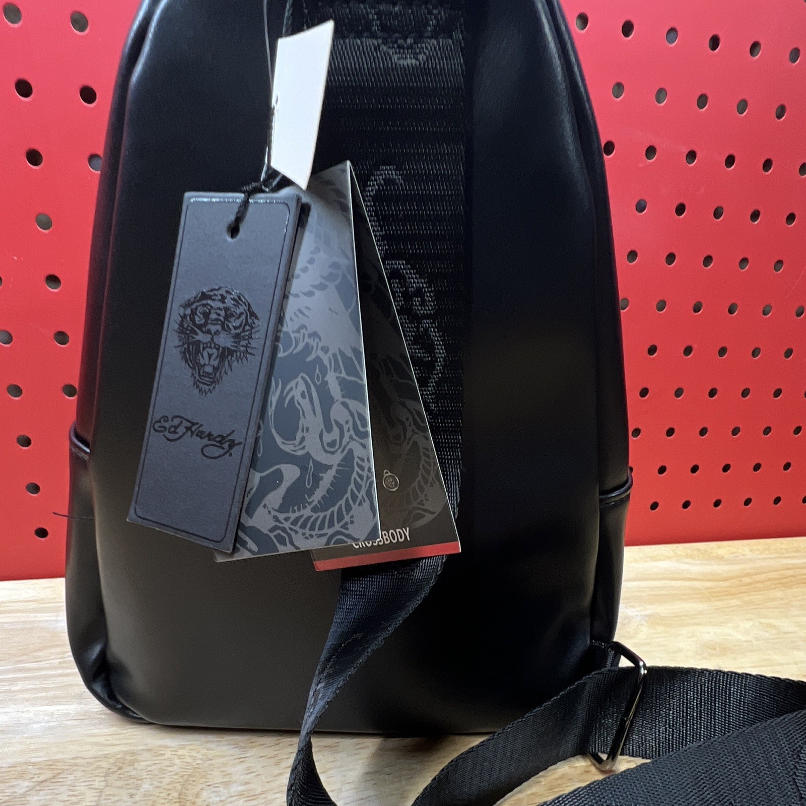 Ed Hardy Black Tiger Embossed Crossbody Bag, Small, Zip, Adjustable Strap