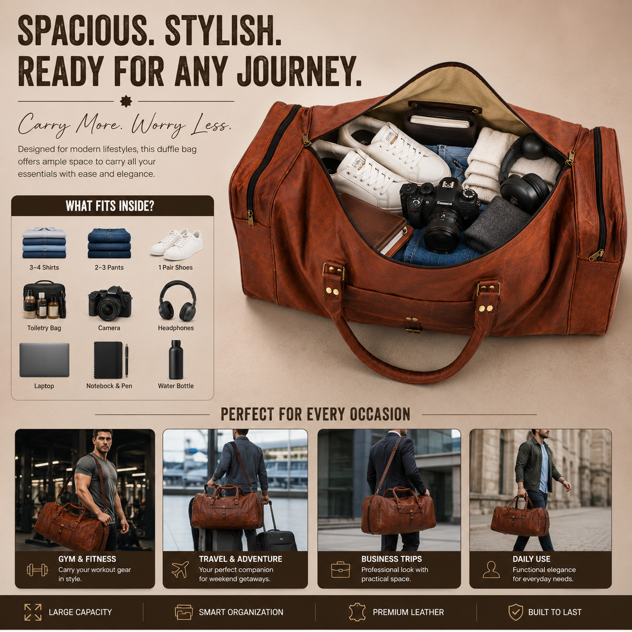32″ Large Vintage Genuine Leather Duffle Bag, Carry On Travel Bag, Overnight Bag