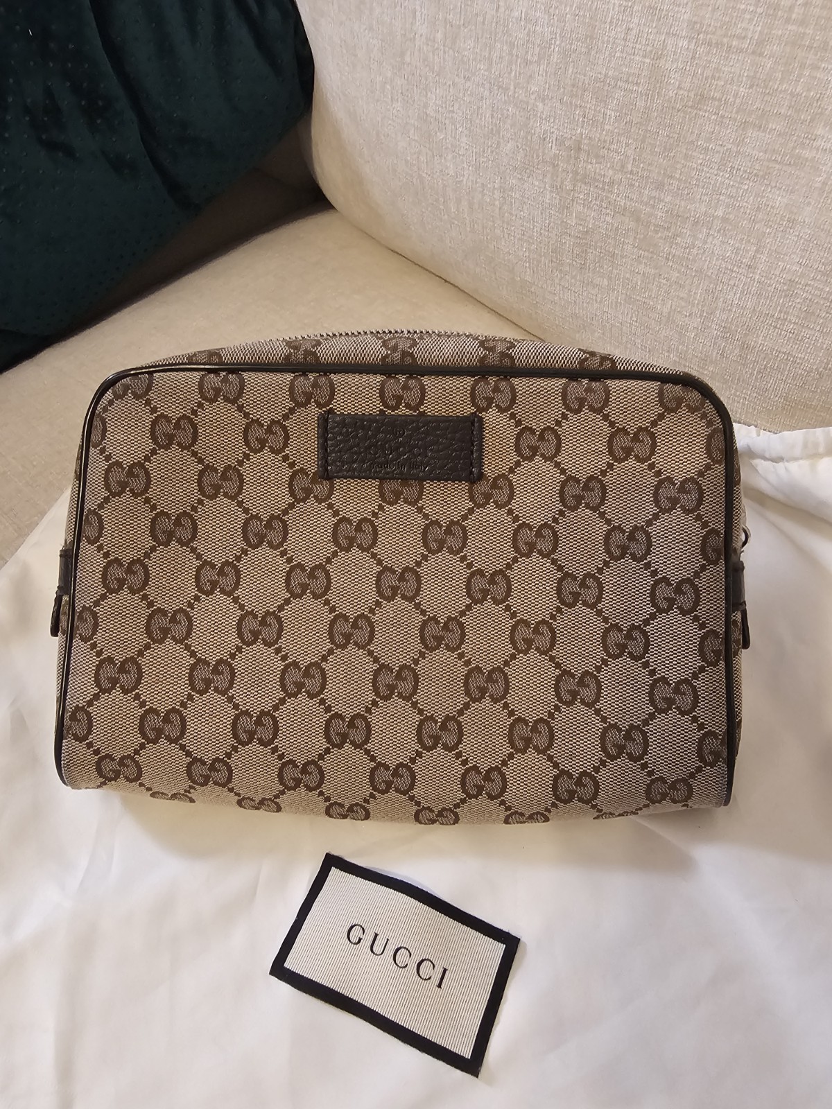 Gucci GG Monogram Crossbody Bag Zip Closure Adjustable Strap Beige Brown