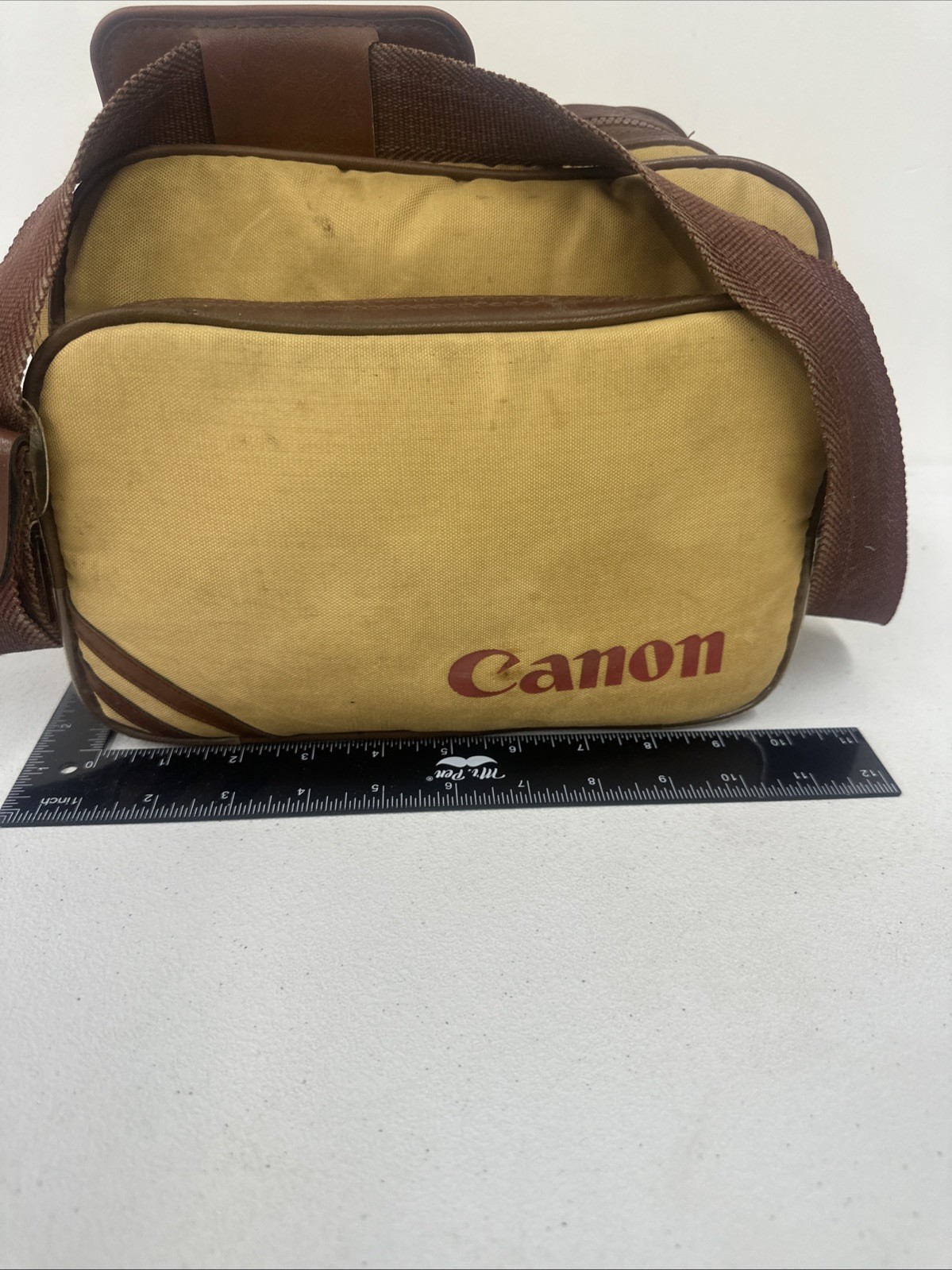 Canon Camera Bag Beige Brown Leather Canvas Zip Pockets W/Strap & Handle WORN