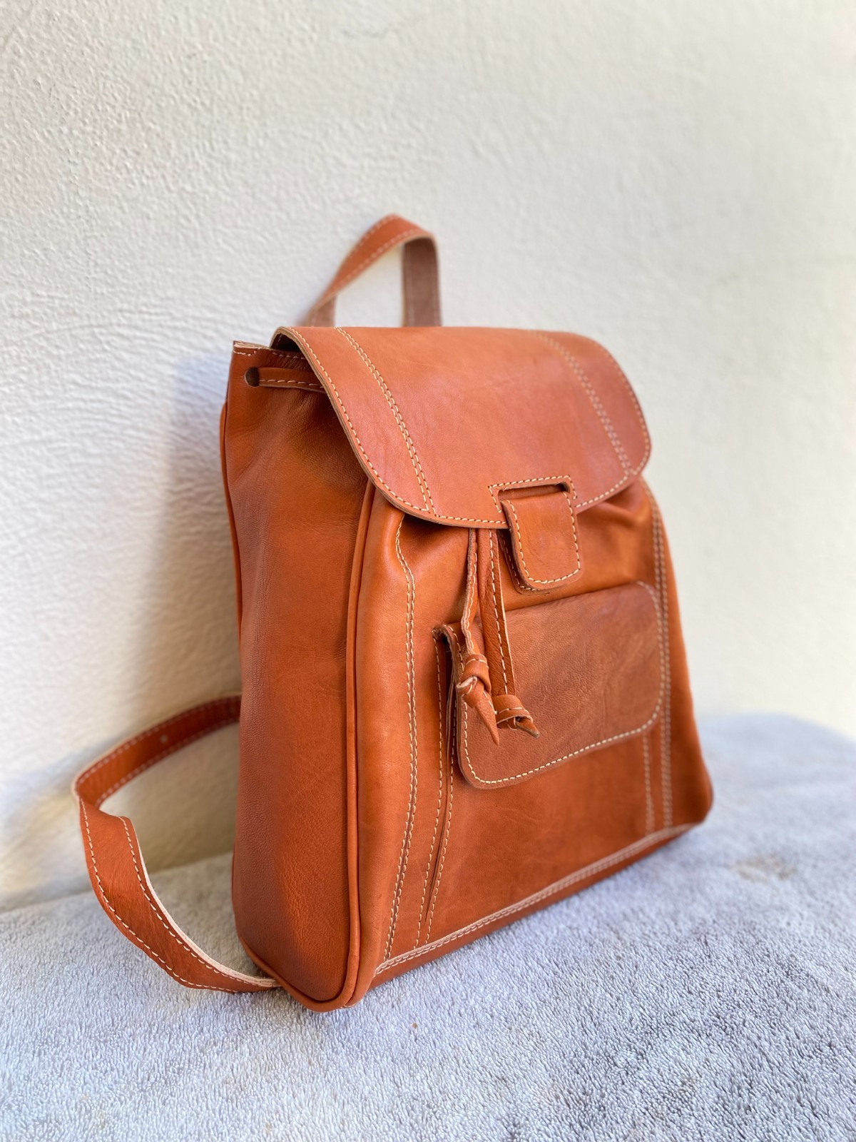 Cognac Leather Backpack Handmade Morocco Artisan Zip Genuine Leather