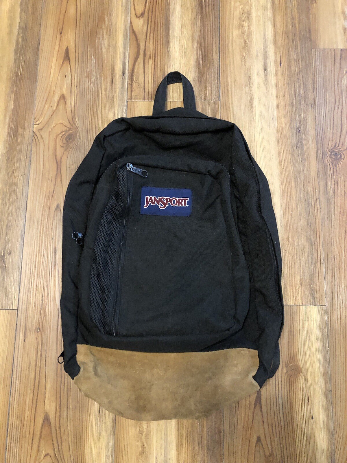 Vintage Retro Jansport Black And Brown Leather Bottom School Backpack Stains