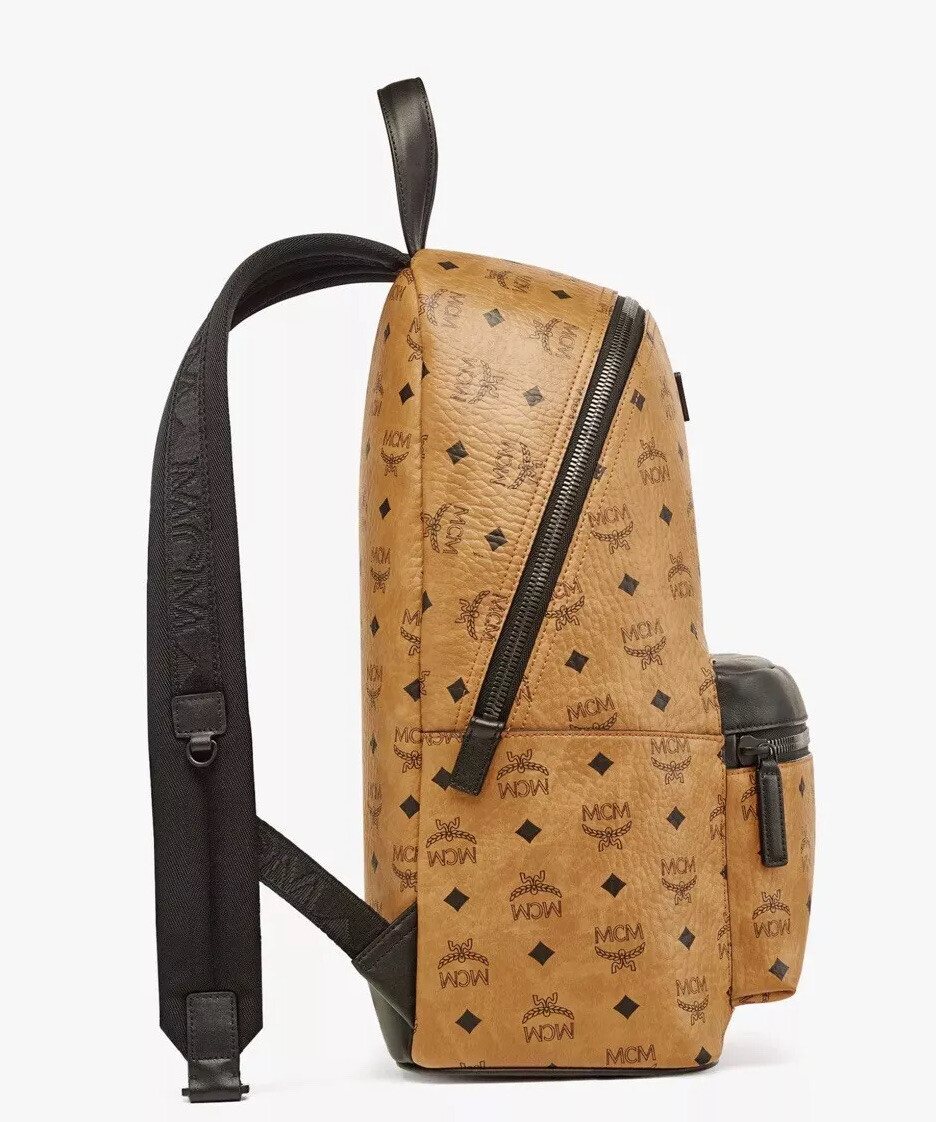MCM Men’s Logo Monogram Medium Leather Backpack NWT Cognac