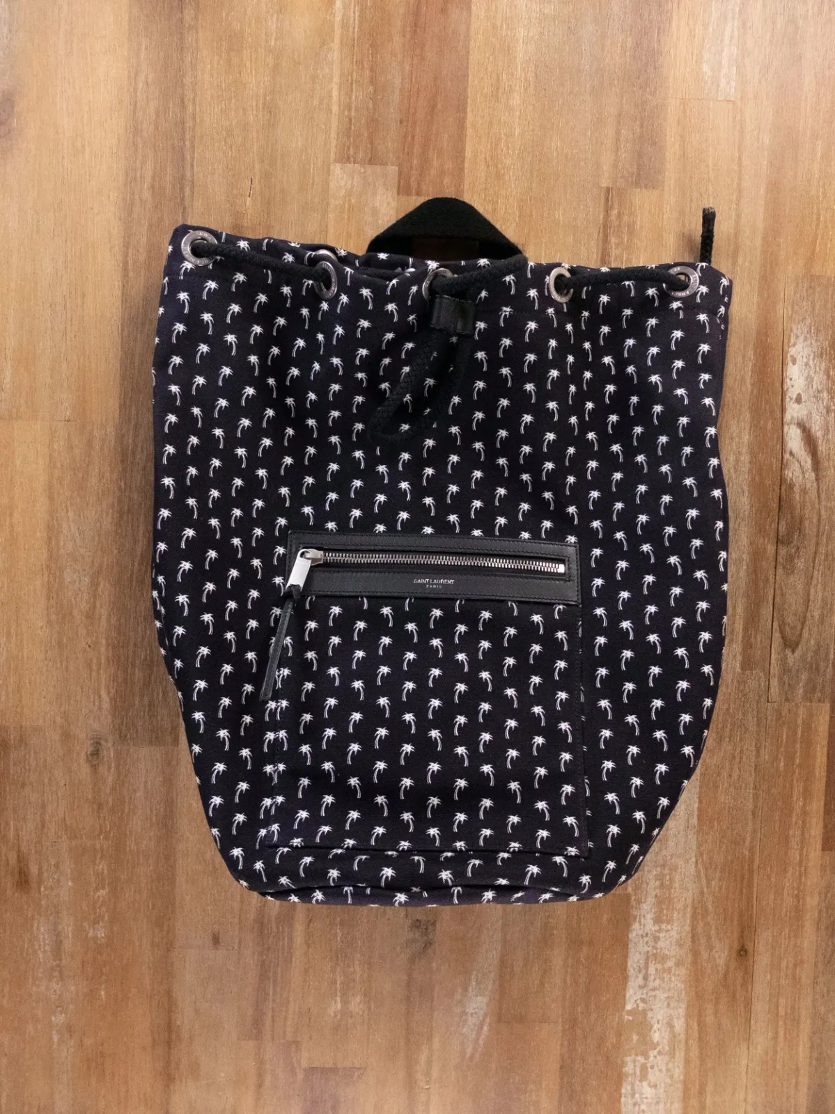 (NO CUSTOMS TAX) SAINT LAURENT City Sailor black canvas palm tree print backpack