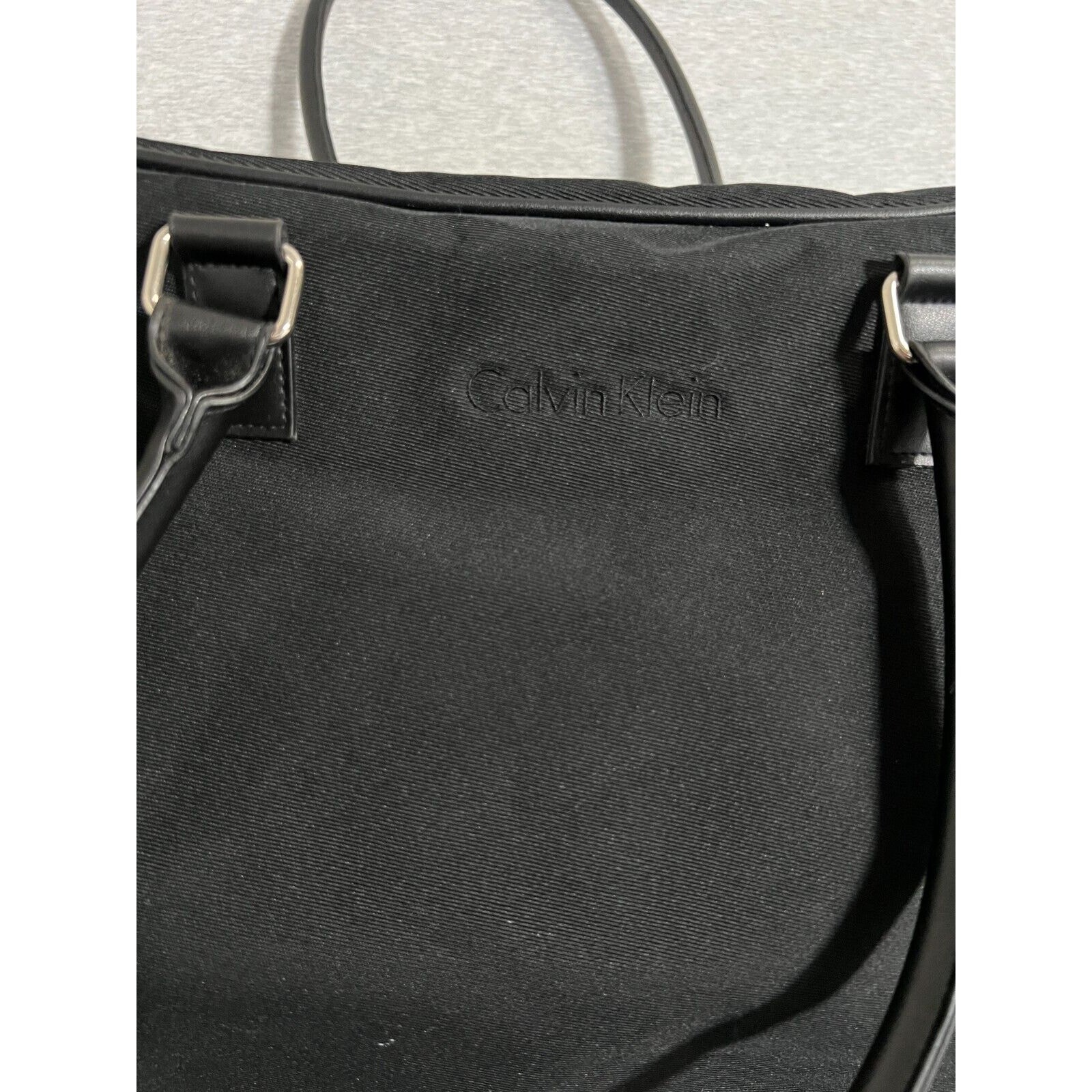 Calvin Klein Canvas Duffle Gym Weekend Bag Top Handle 15x11x6 Faux Leather Trim
