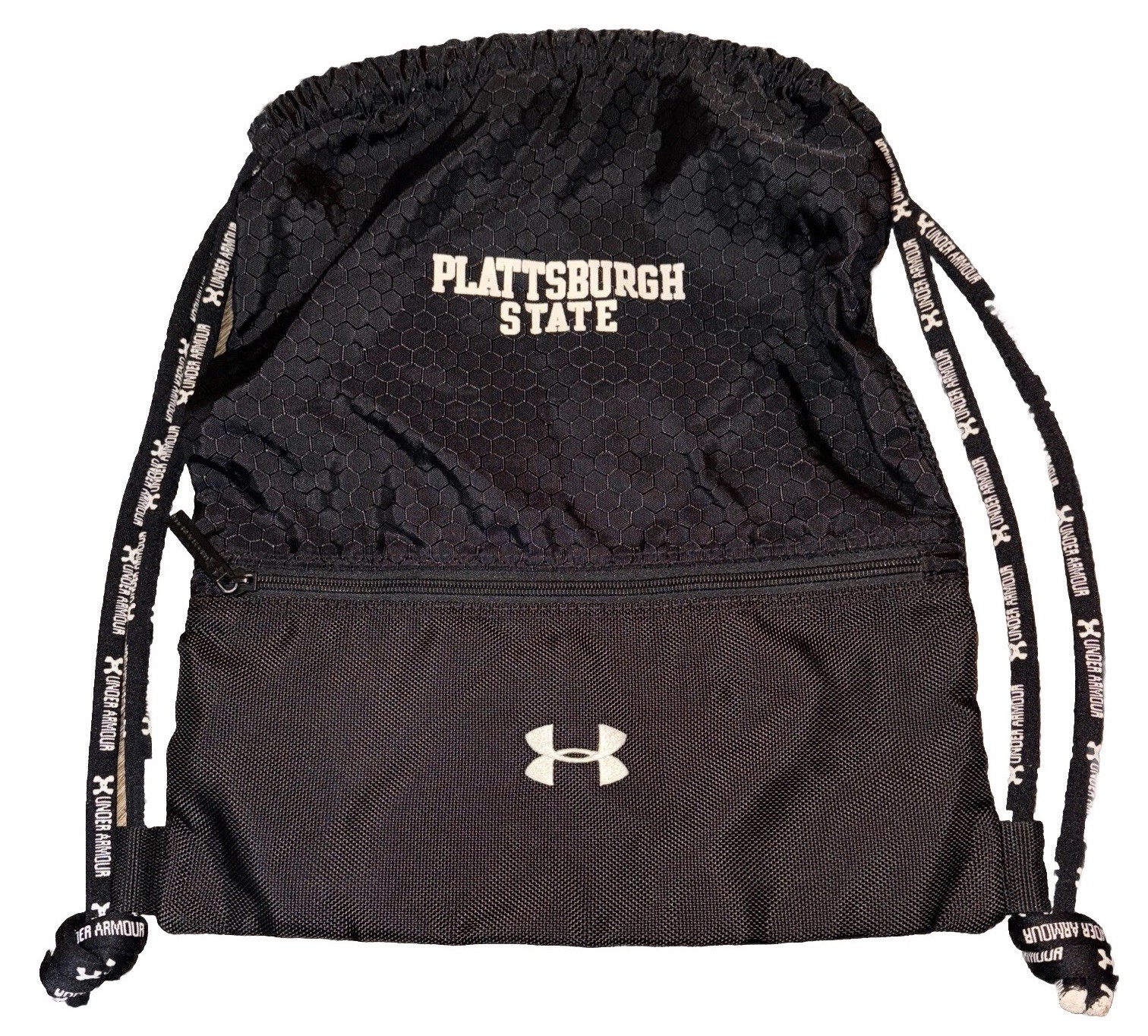 Under Armour Drawstring Backpack Plattsburgh State College Black UA Logo Pocket