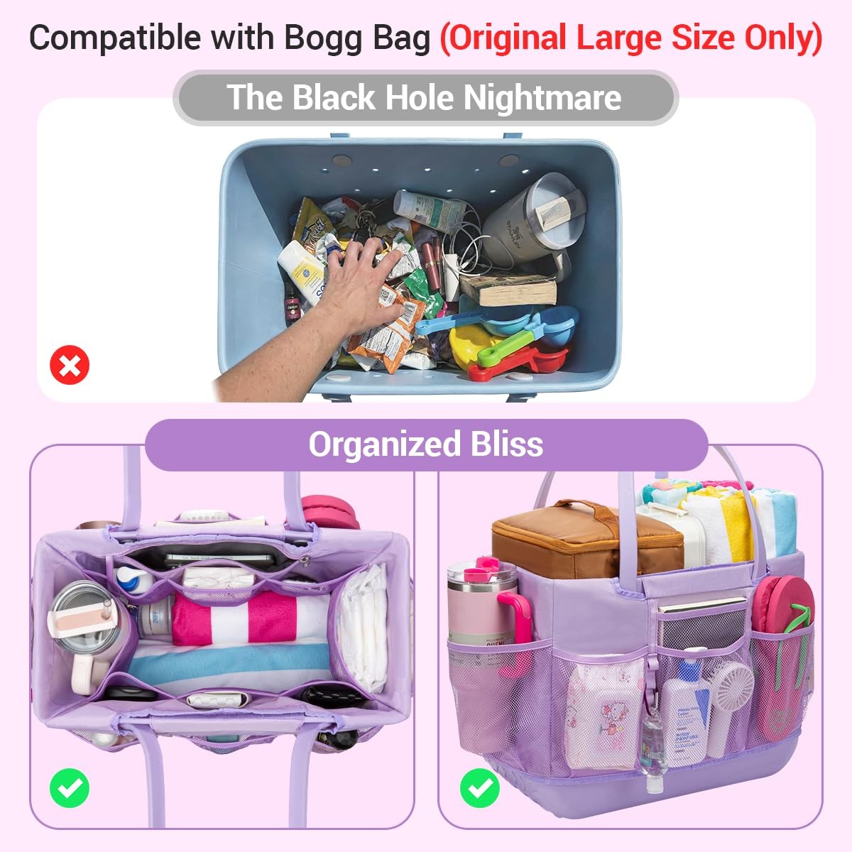 Beach Bag Organizer Insert for Extra Large Bogg Original – Large, Purple