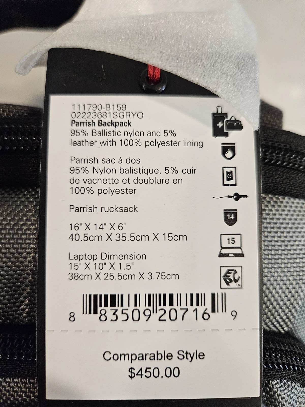 NEW Tumi PARRISH 16.0” Ballistic Nylon Laptop Backpack – GRAY w/ TAN accents