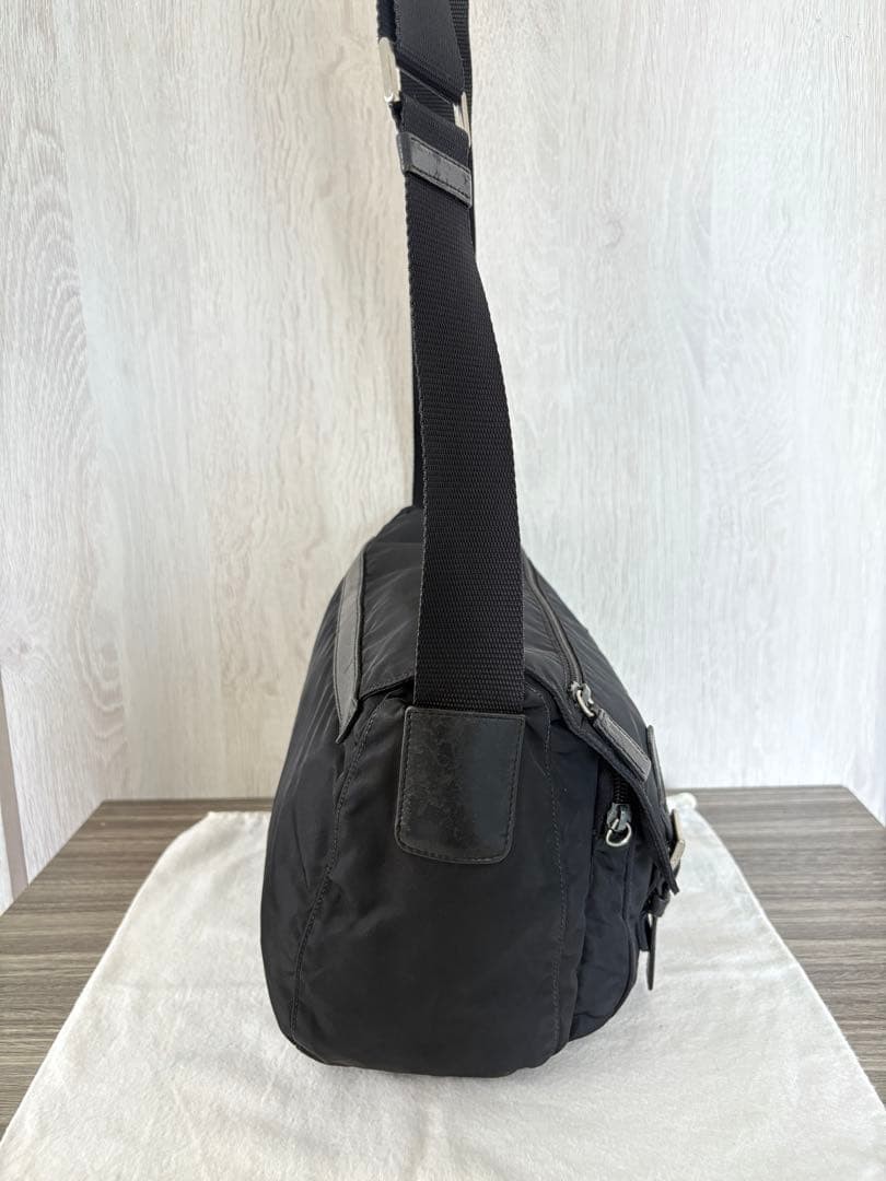PRADA Shoulder Bag Tessuto Nylon Leather Triangle Logo Black Excellent Condition