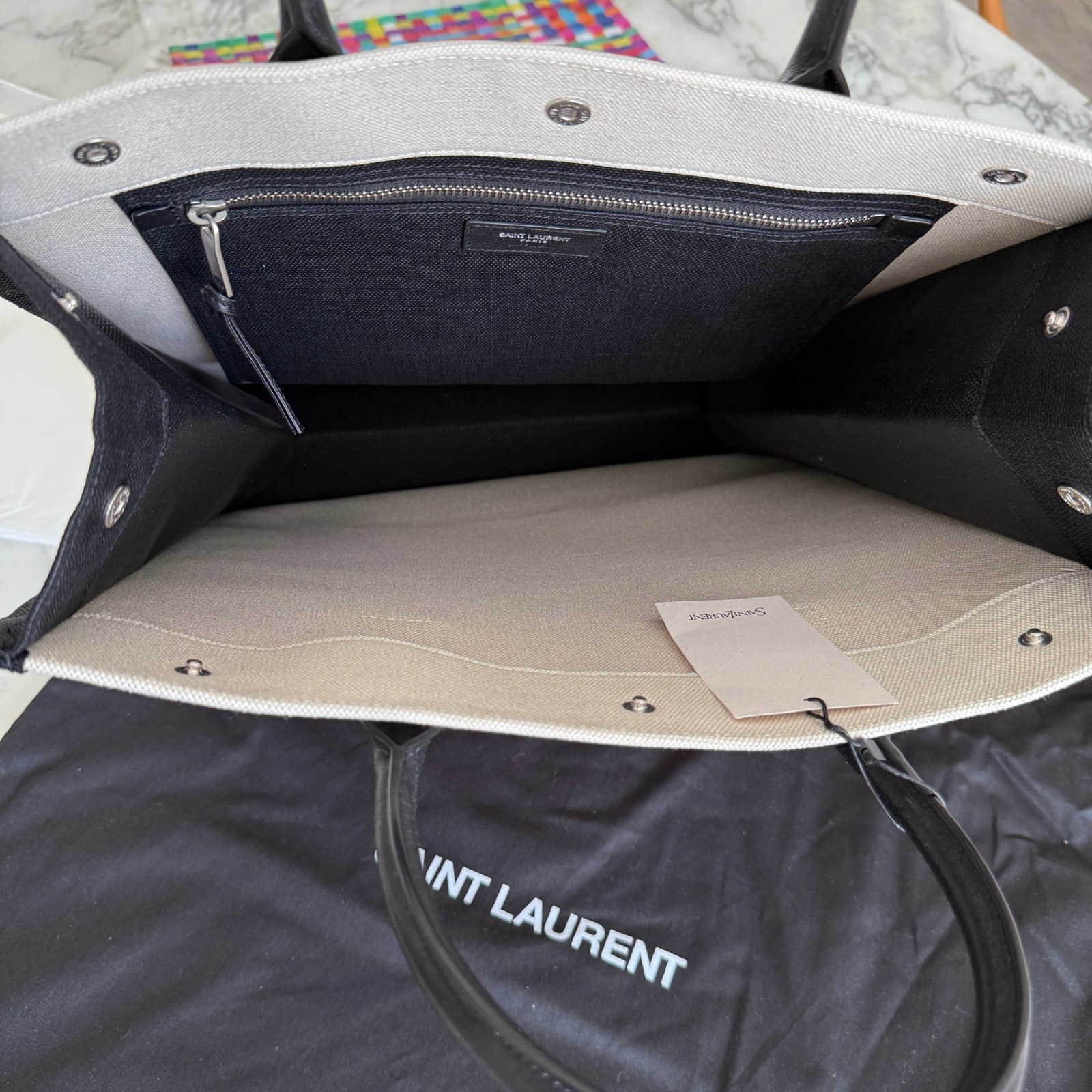 Saint Laurent Rive Gauche Tote Bag Canvas Leather White Black 632539