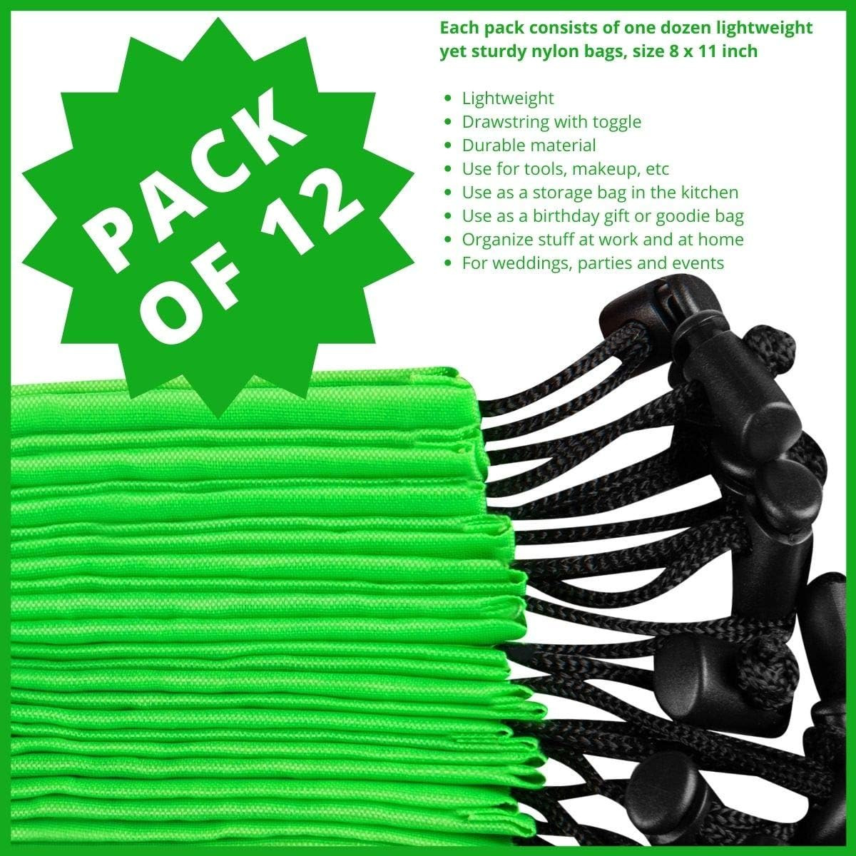 Drawstring Bag – Nylon Cinch and Ditty Stuff Pouch with Toggle (8 x 11-12 pack,