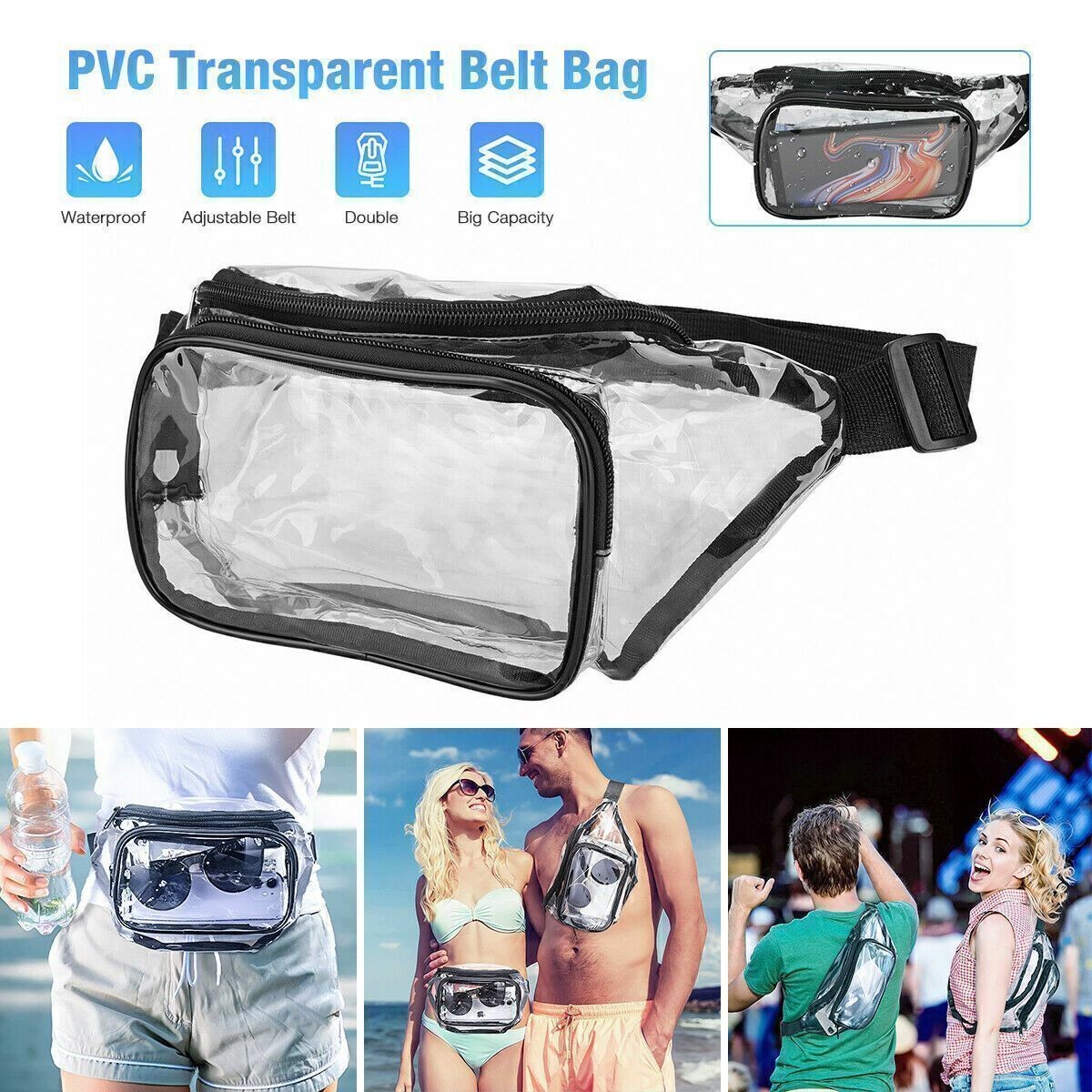 Clear PVC Tote Pack Shoulder Chest Bag Crossbody Handbag Waist Zip Purse Stadium