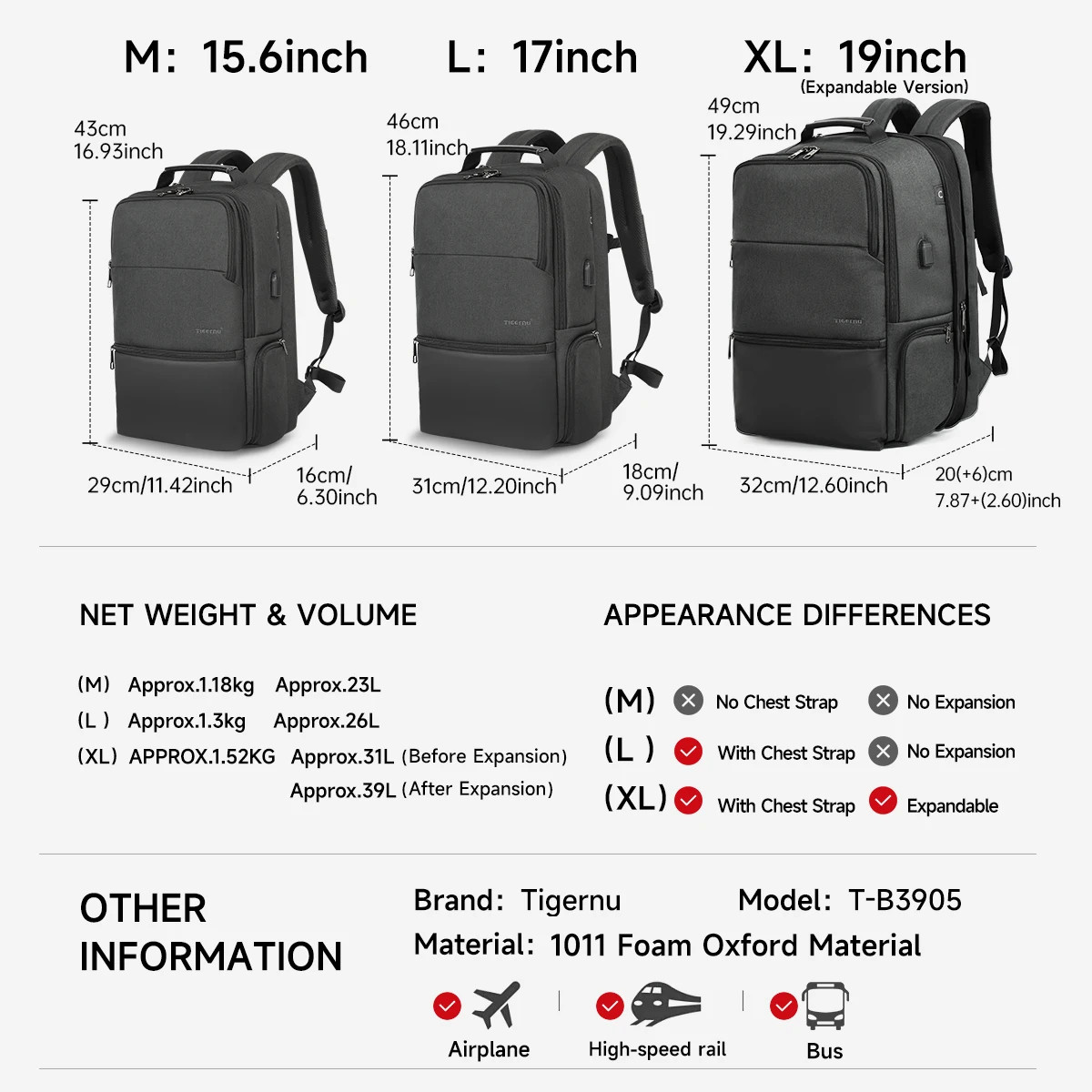 Men Expandable Backpack 15.619Inch Laptop Backpack for Men RFID anti Theft Bag T