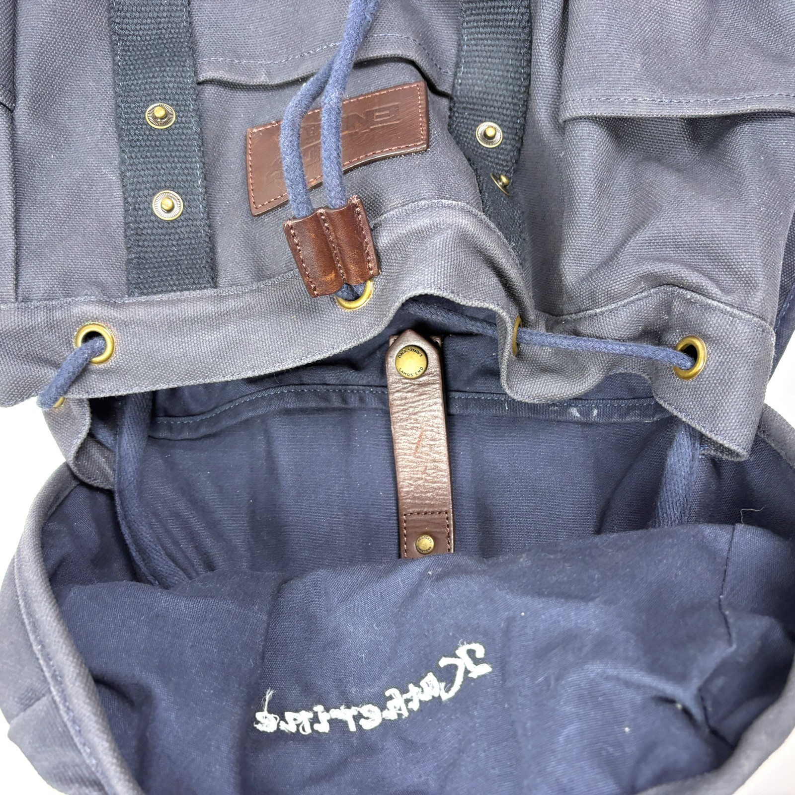 Lands End Waxed Canvas Backpack Navy Blue Leather Straps Padded Outdoors Daypack