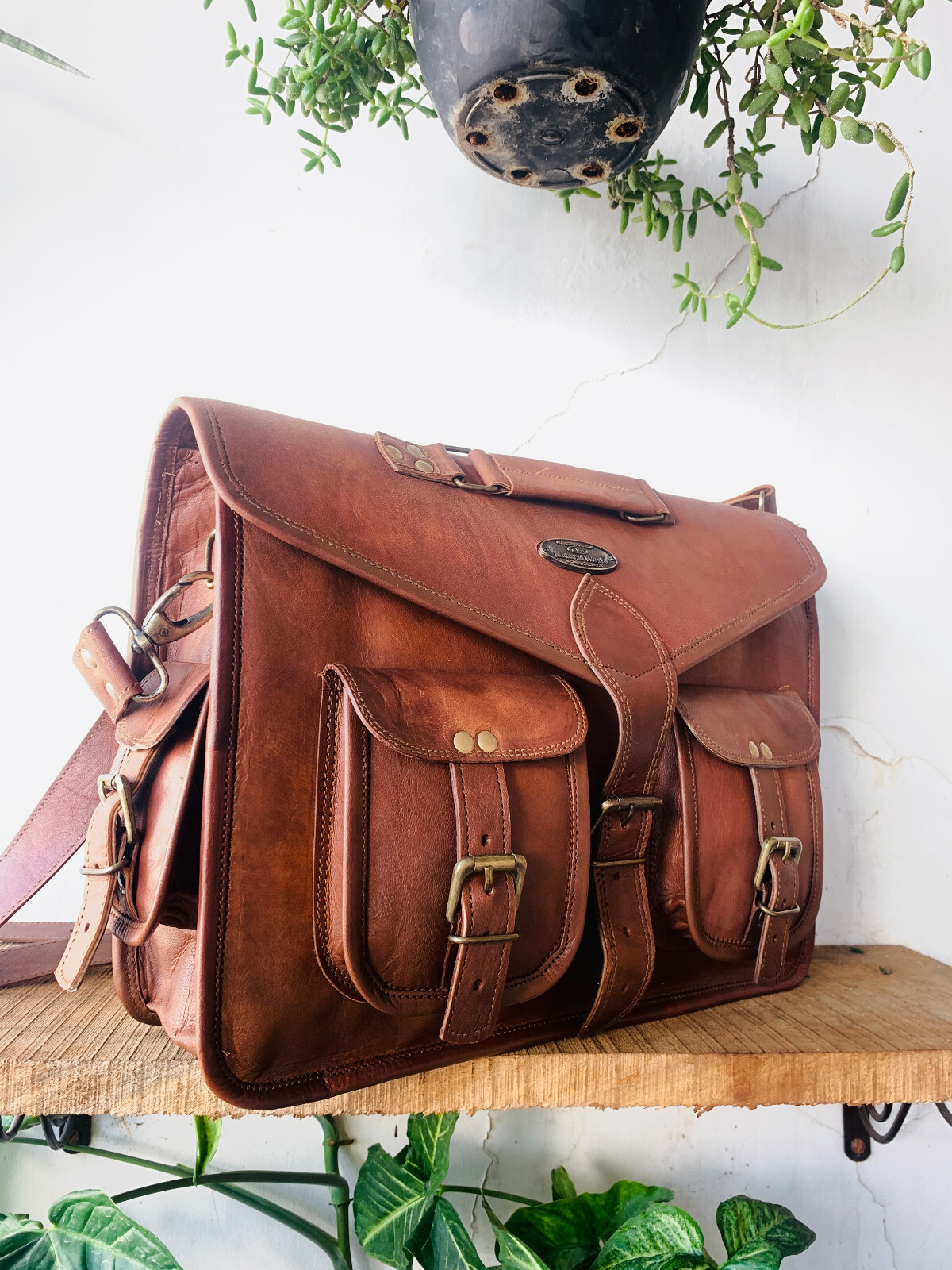 18” Handmade World Brown Leather Messenger Briefcase Office Free Bag [9 inch]