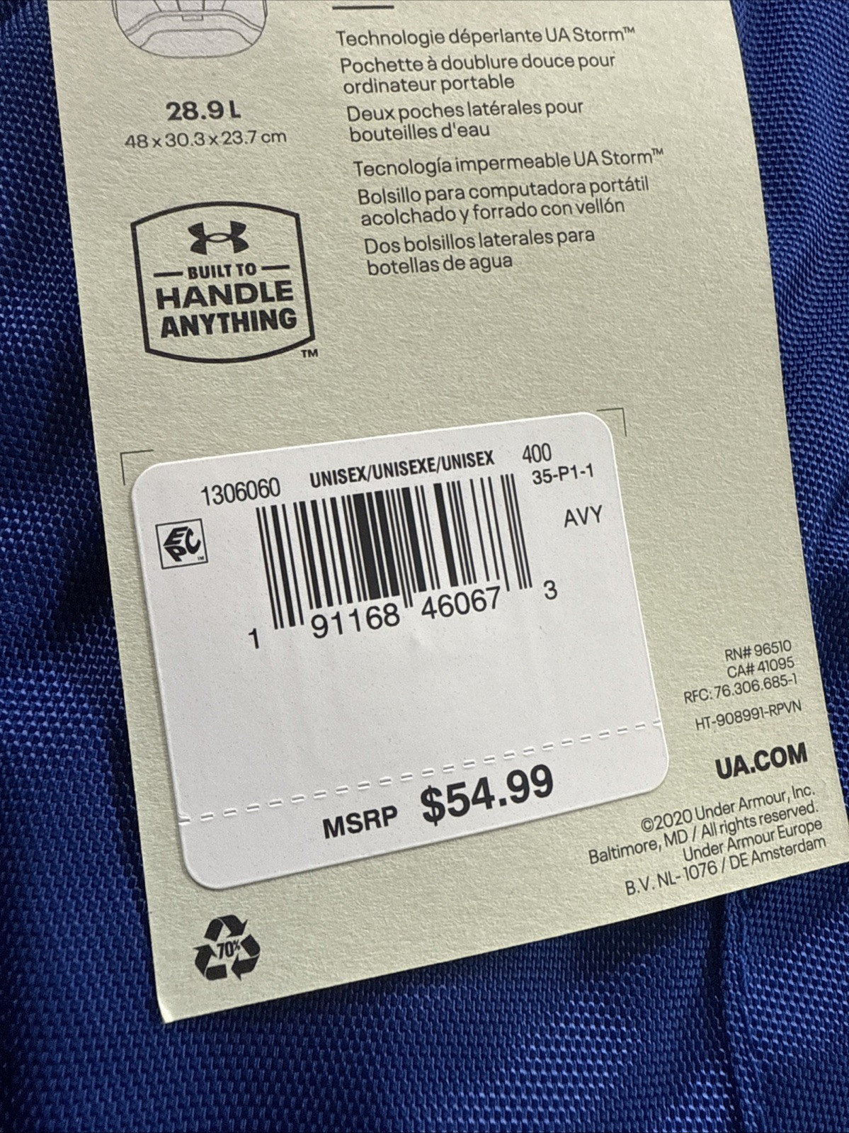 Under Armour Team Hustle Storm Backpack Royal Blue/Grey Water Repellant NWT Bag