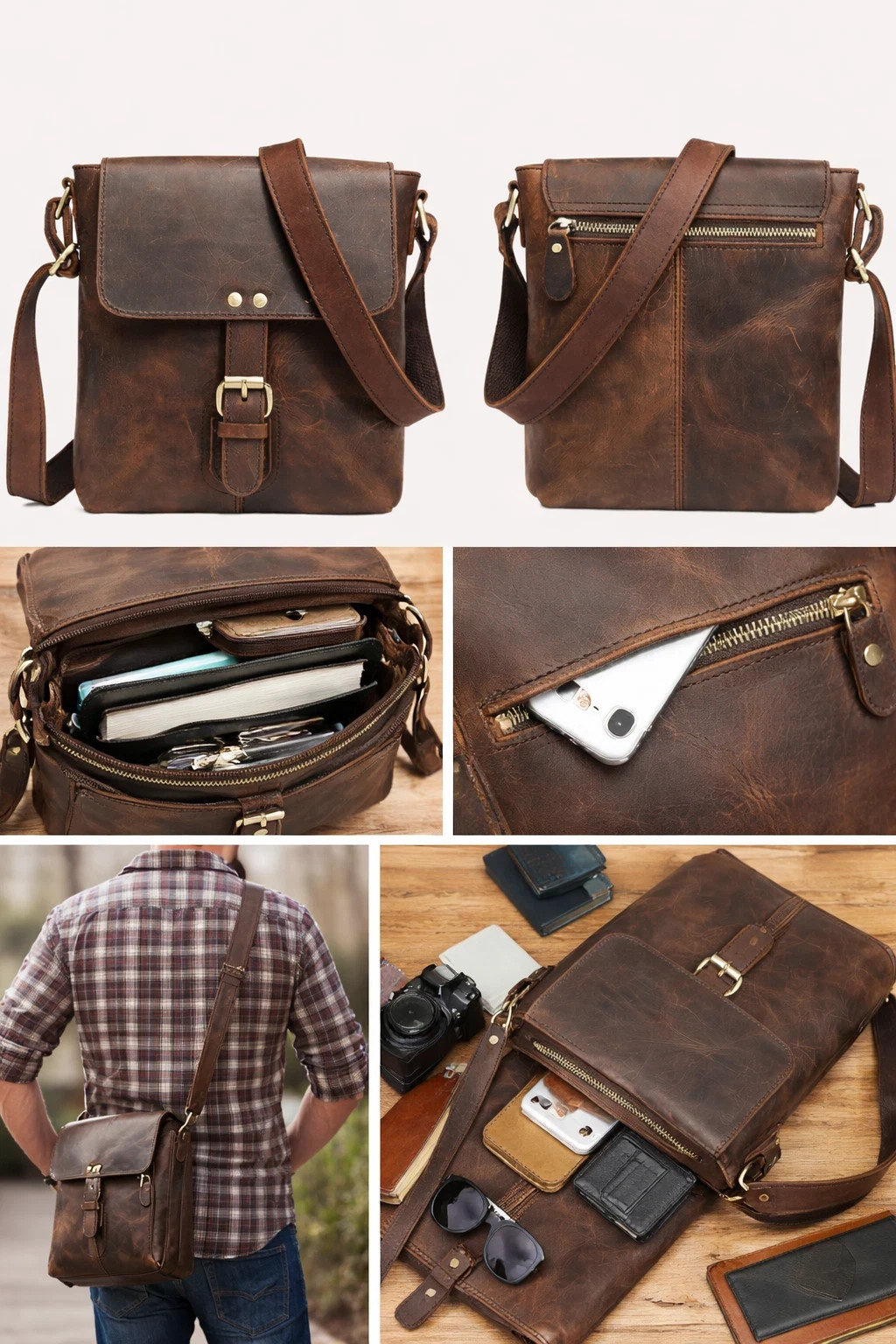 Genuine Buffalo Leather Sling Messenger Bag 8” Vintage Crossbody Shoulder Bag