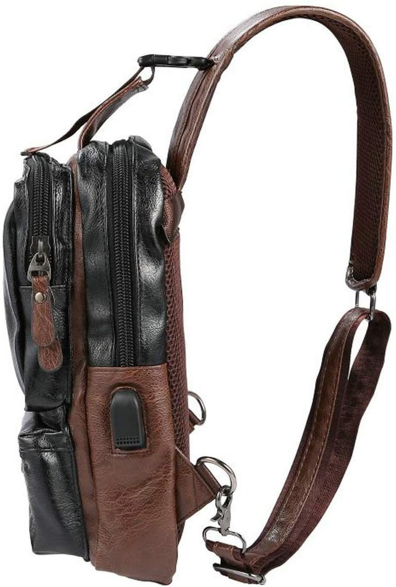 Men’S Lightweight PU Leather Sling Bag – Breathable Crossbody Pack with USB Char