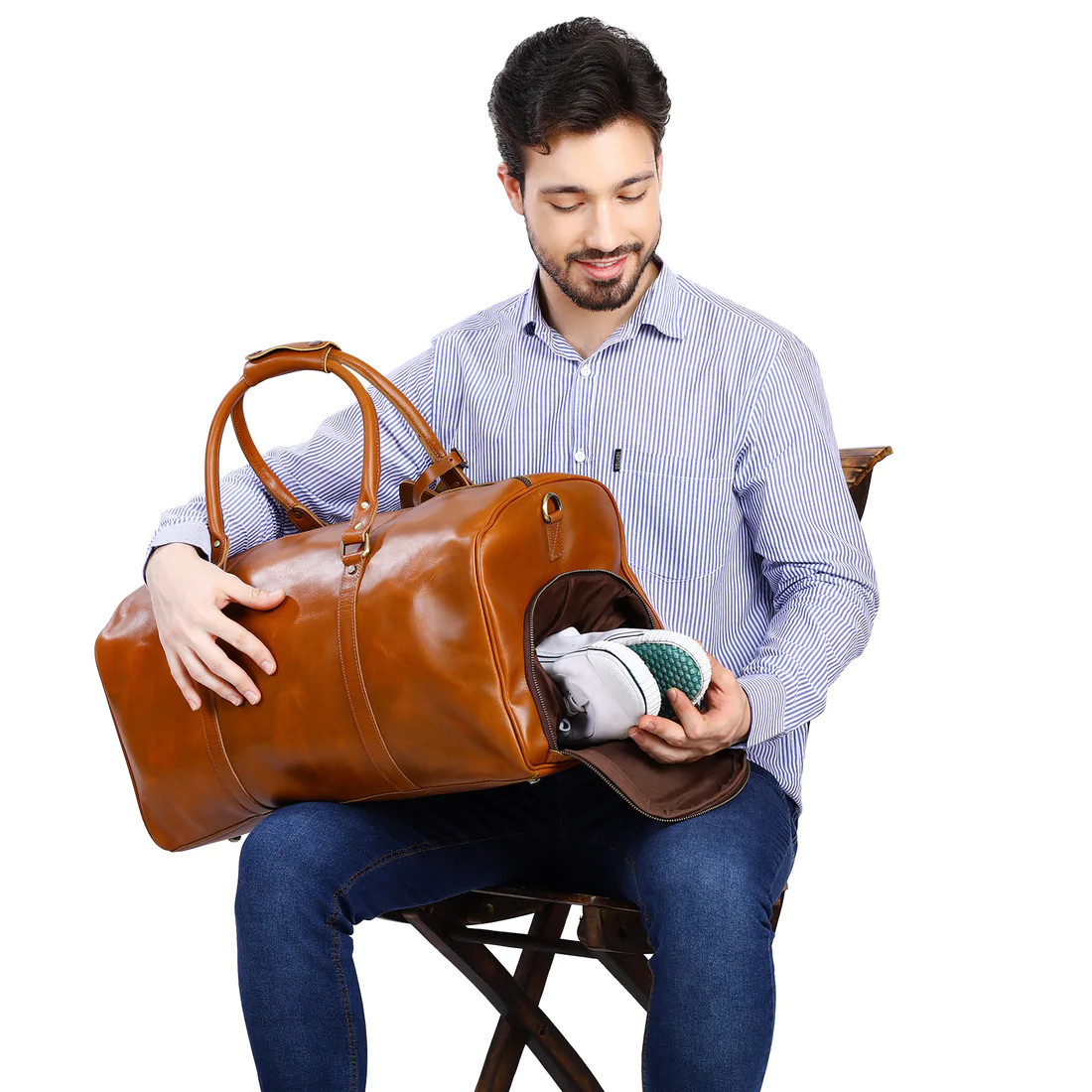Travel Duffle Bag with Shoe Compartment, Gym Genuine Leather Weekend Overnight