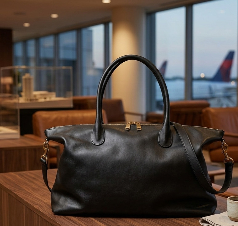 Black Leather Weekender Duffle Bag Men Women Travel Carry On Overnight Bag